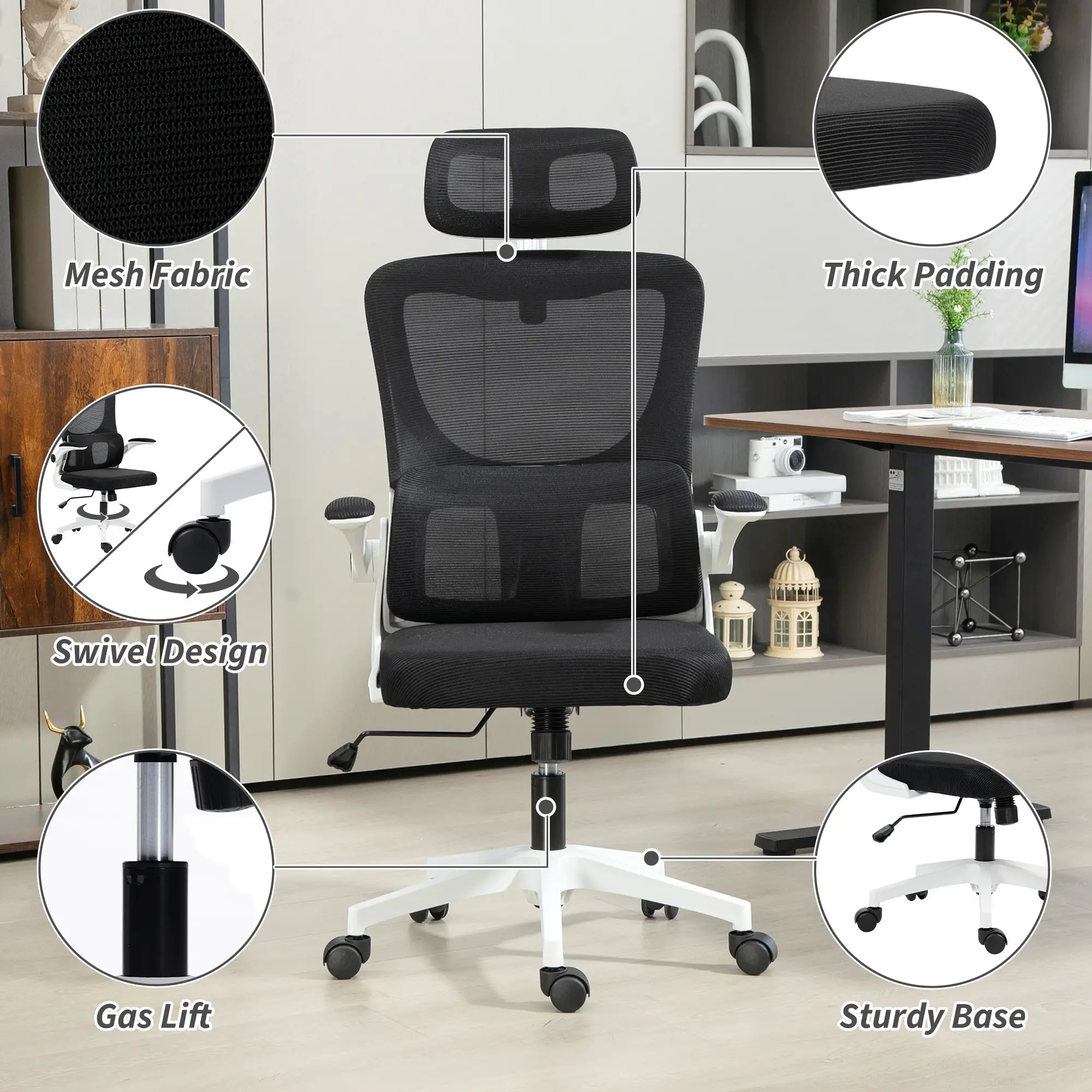 Mesh Office Chair, High Back with Headrest, Lumbar Support, Adjustable Height, Black - Image 9