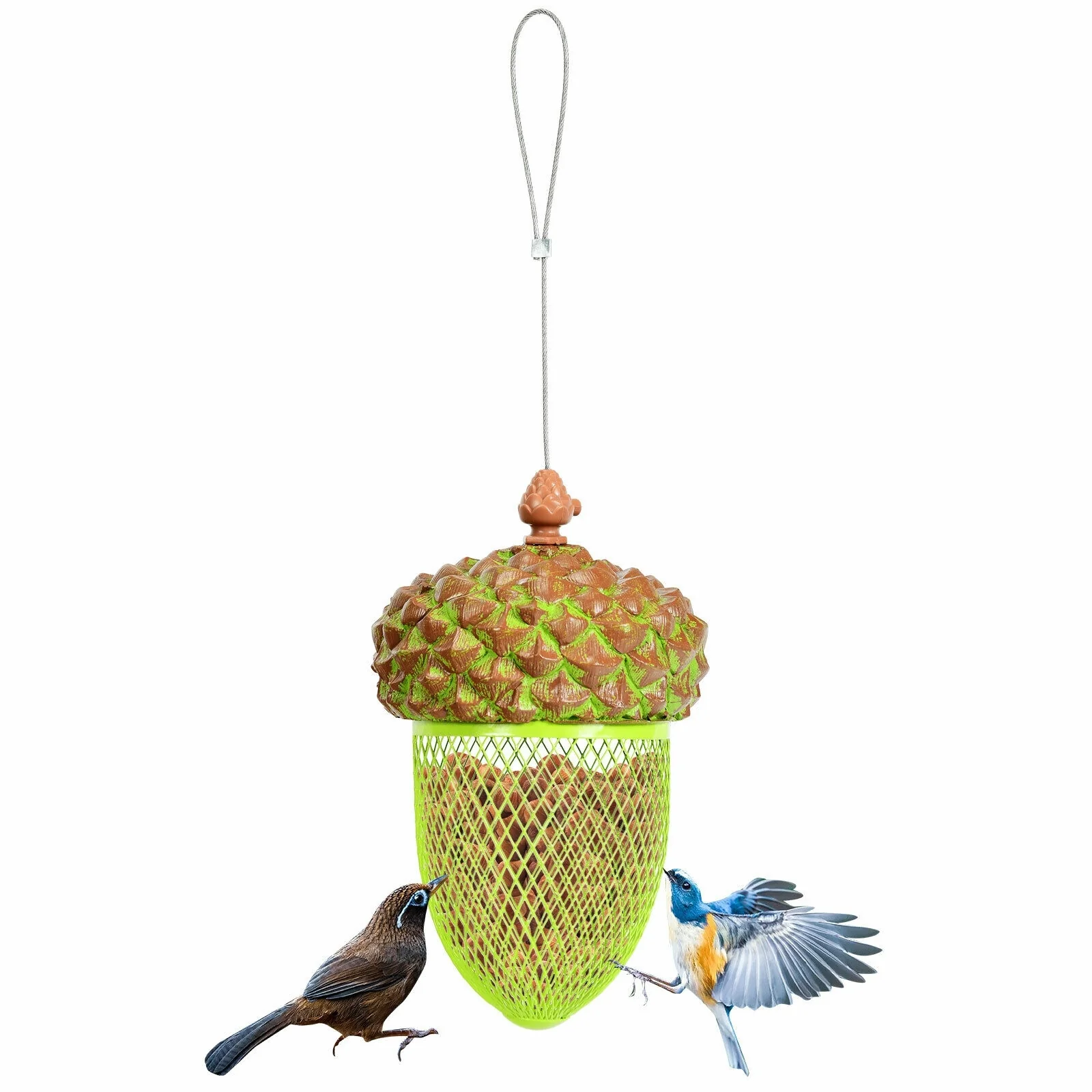 Metal Acorn Wild Bird Feeder, Outdoor Hanging Food Dispenser, Brown