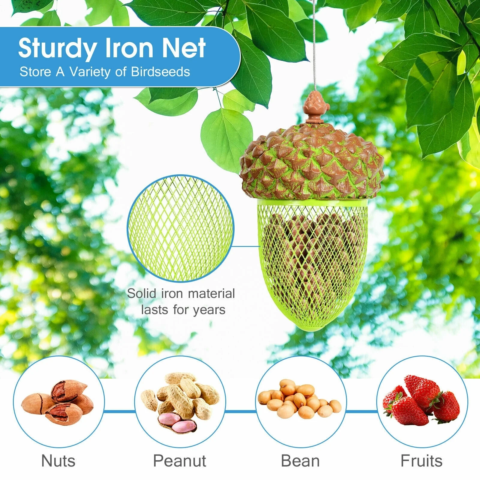 Metal Acorn Wild Bird Feeder, Outdoor Hanging Food Dispenser, Brown - Image 10
