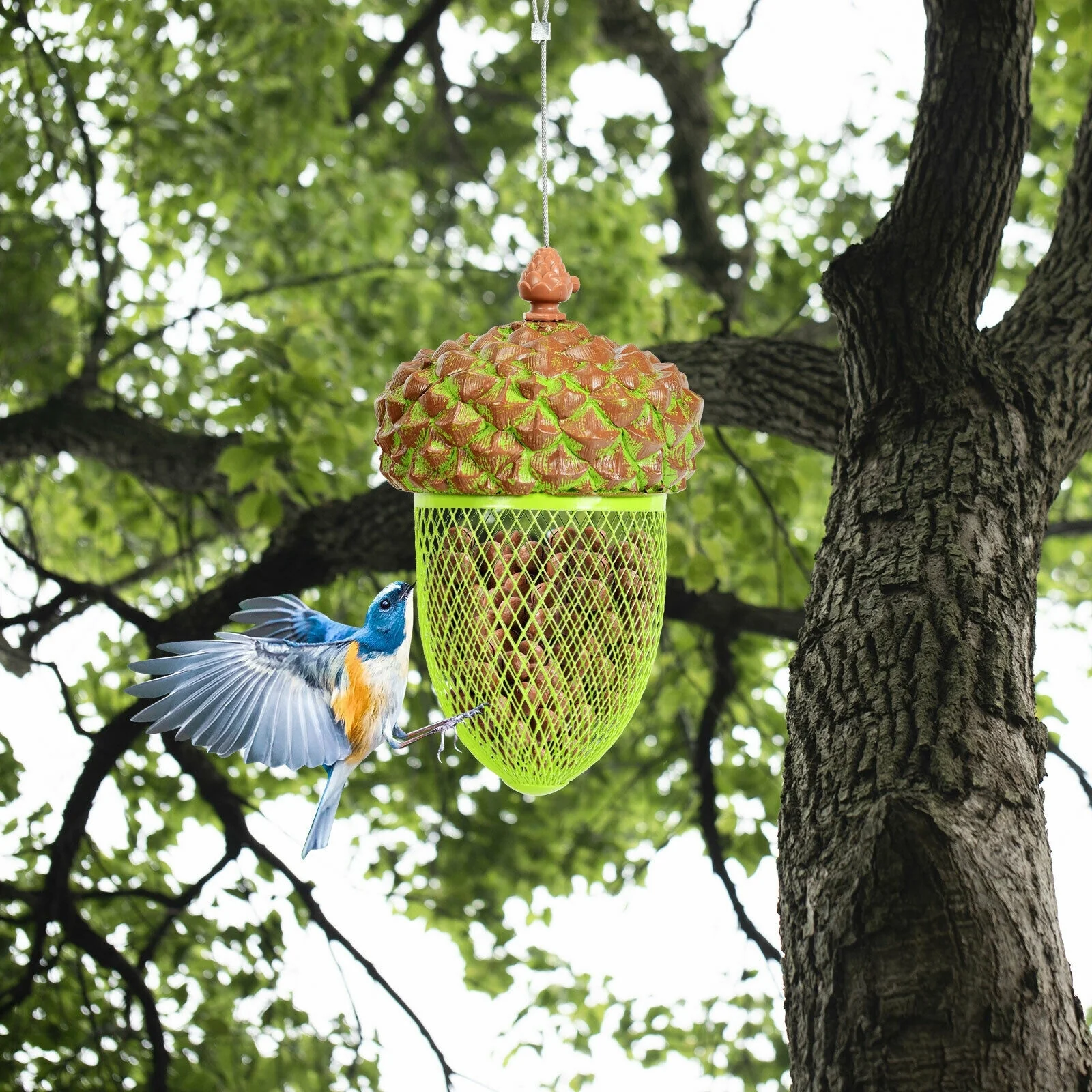 Metal Acorn Wild Bird Feeder, Outdoor Hanging Food Dispenser, Brown - Image 2