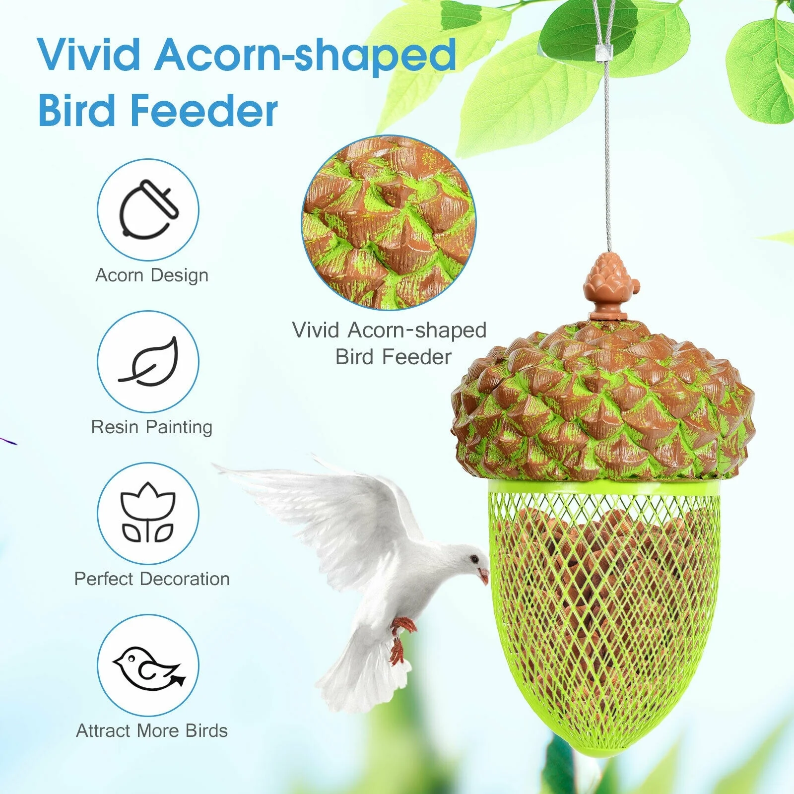 Metal Acorn Wild Bird Feeder, Outdoor Hanging Food Dispenser, Brown - Image 6