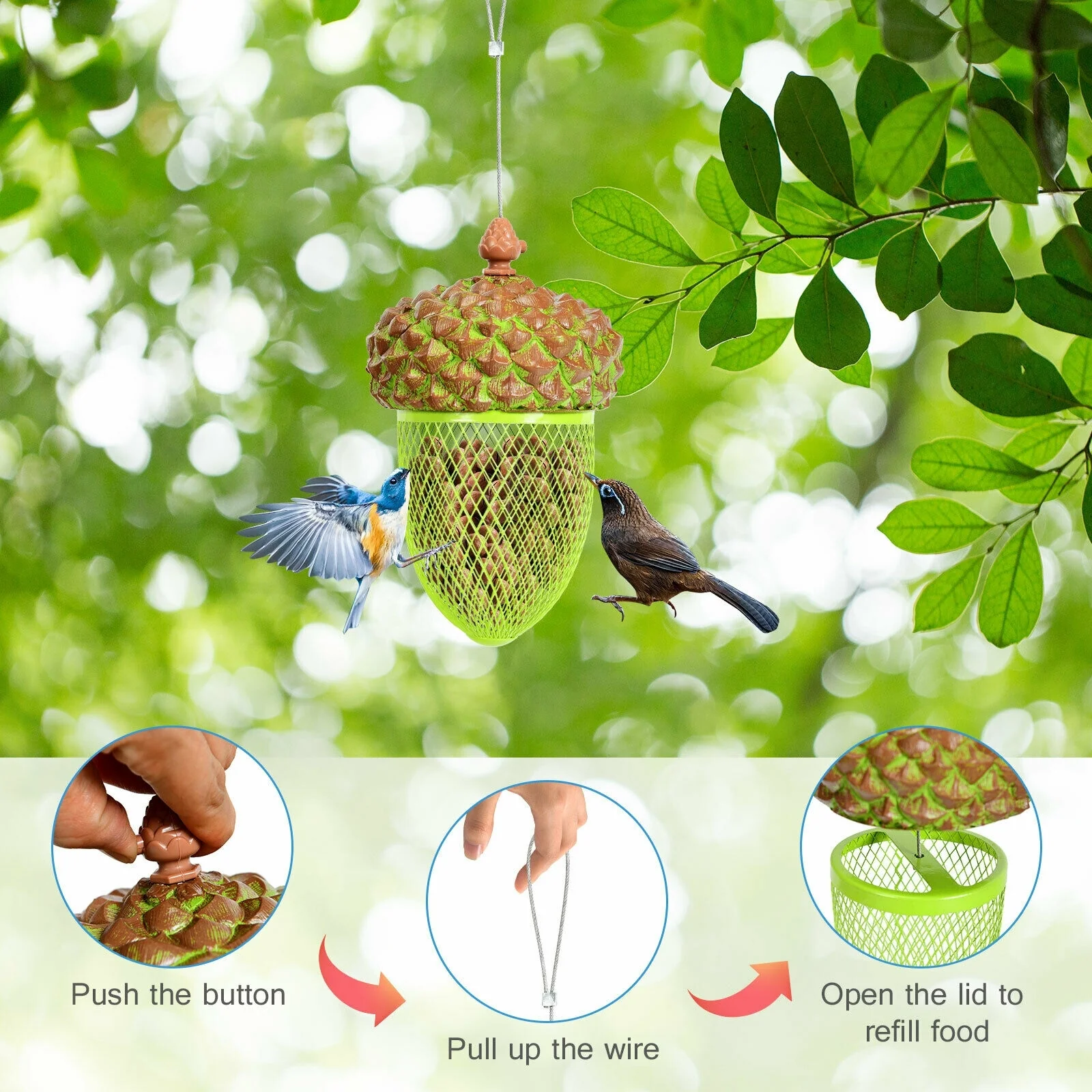Metal Acorn Wild Bird Feeder, Outdoor Hanging Food Dispenser, Brown - Image 7