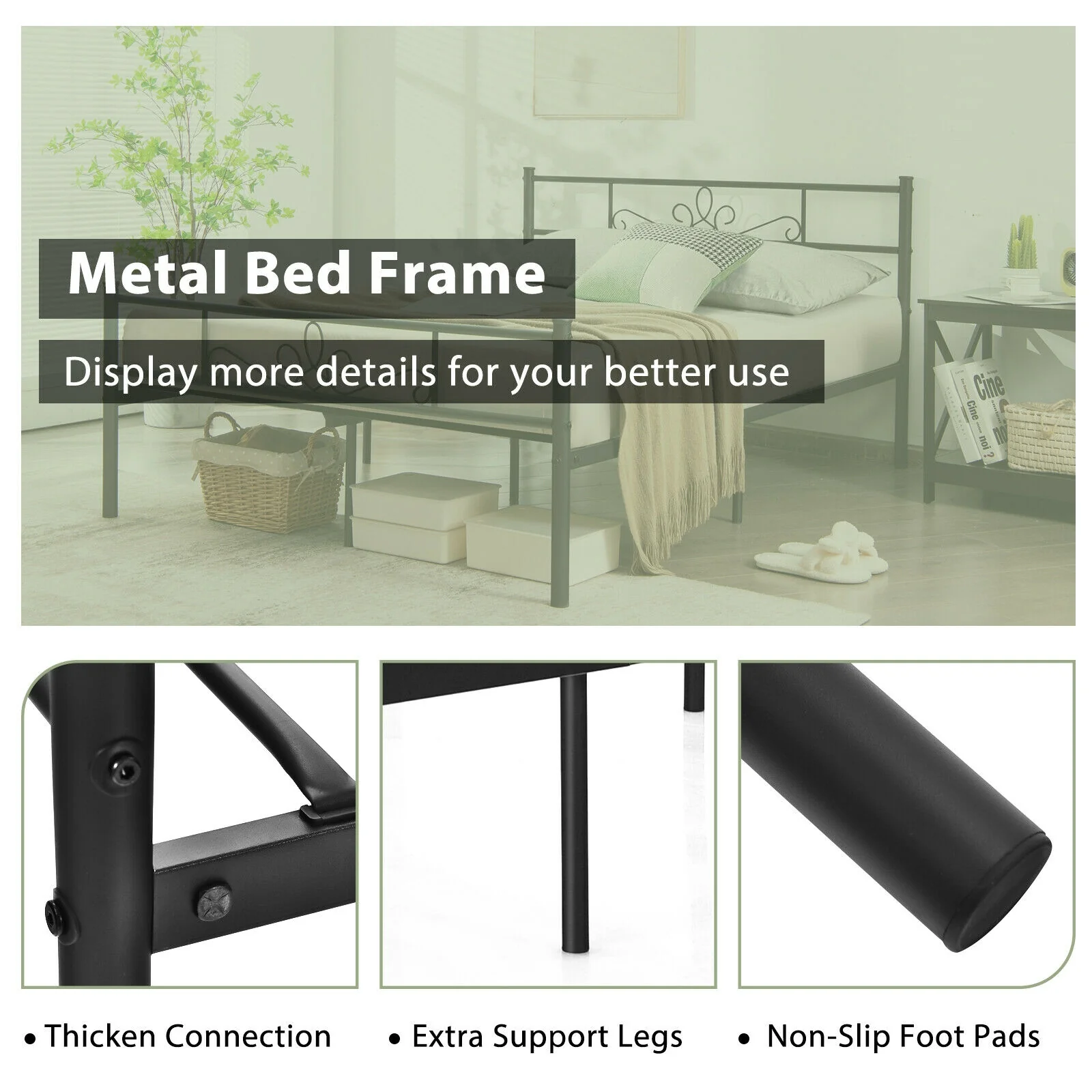 Metal Bed Frame With Headboard And Footboard, Full Size, Black - Image 10