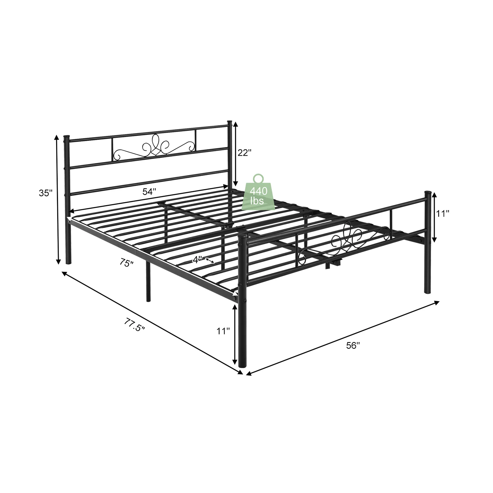 Metal Bed Frame With Headboard And Footboard, Full Size, Black - Image 6