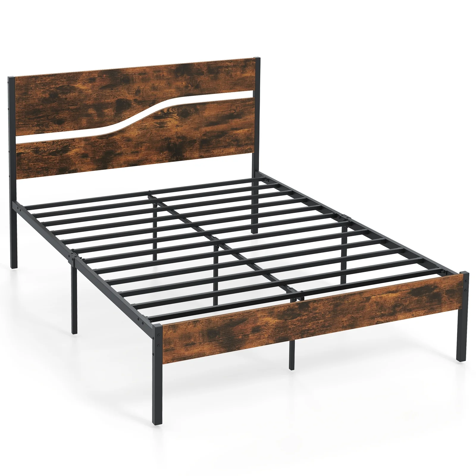 Metal Bed Frame With Wooden Headboard, Full Size, Rustic Brown