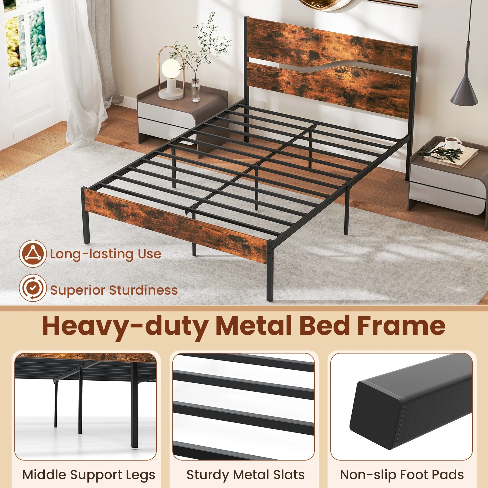Metal Bed Frame With Wooden Headboard, Full Size, Rustic Brown - Image 10