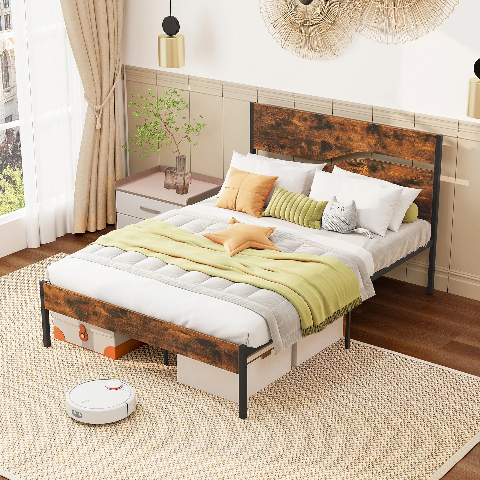 Metal Bed Frame With Wooden Headboard, Full Size, Rustic Brown - Image 2