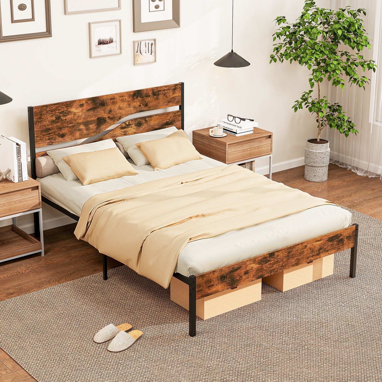 Metal Bed Frame With Wooden Headboard, Full Size, Rustic Brown - Image 3