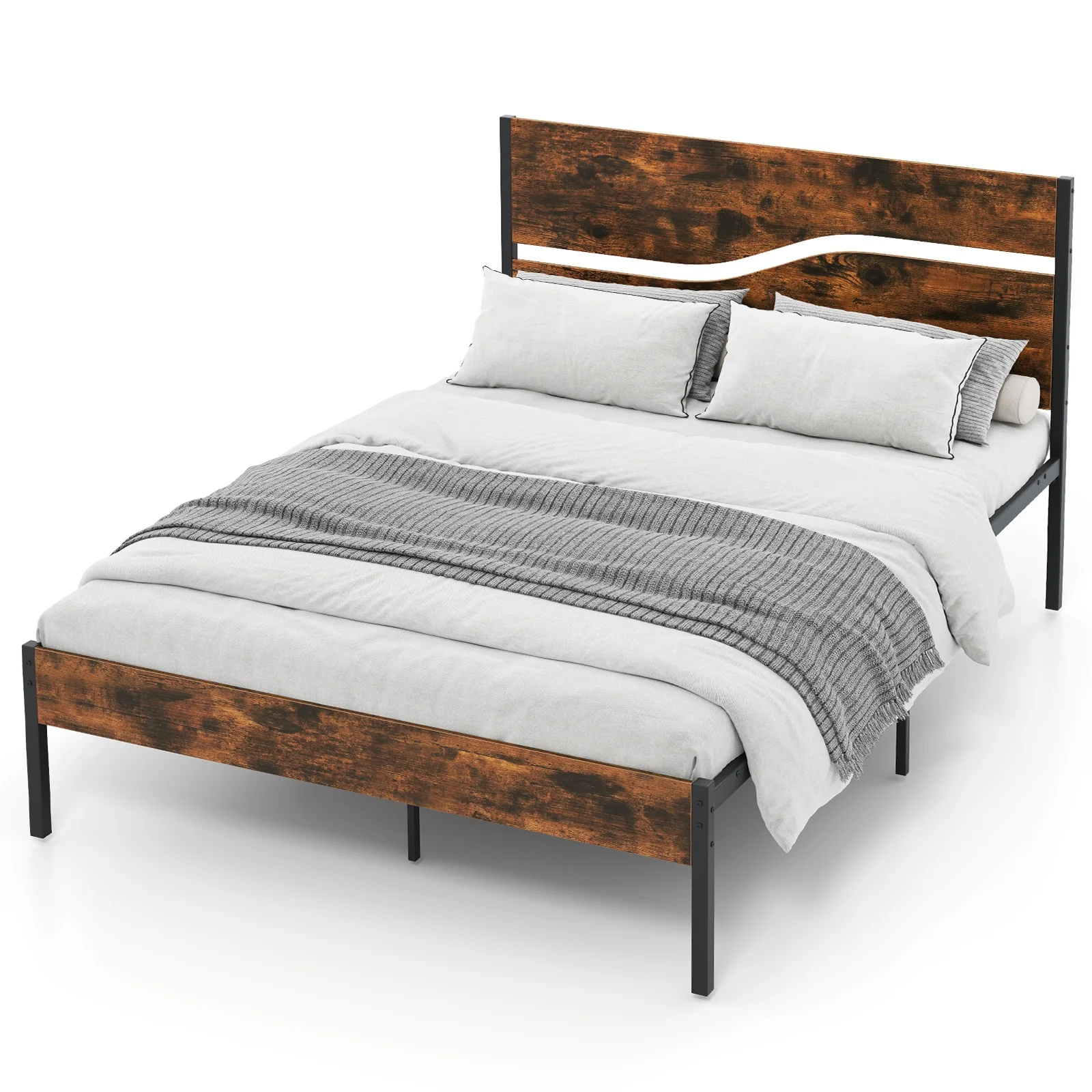 Metal Bed Frame With Wooden Headboard, Full Size, Rustic Brown - Image 5