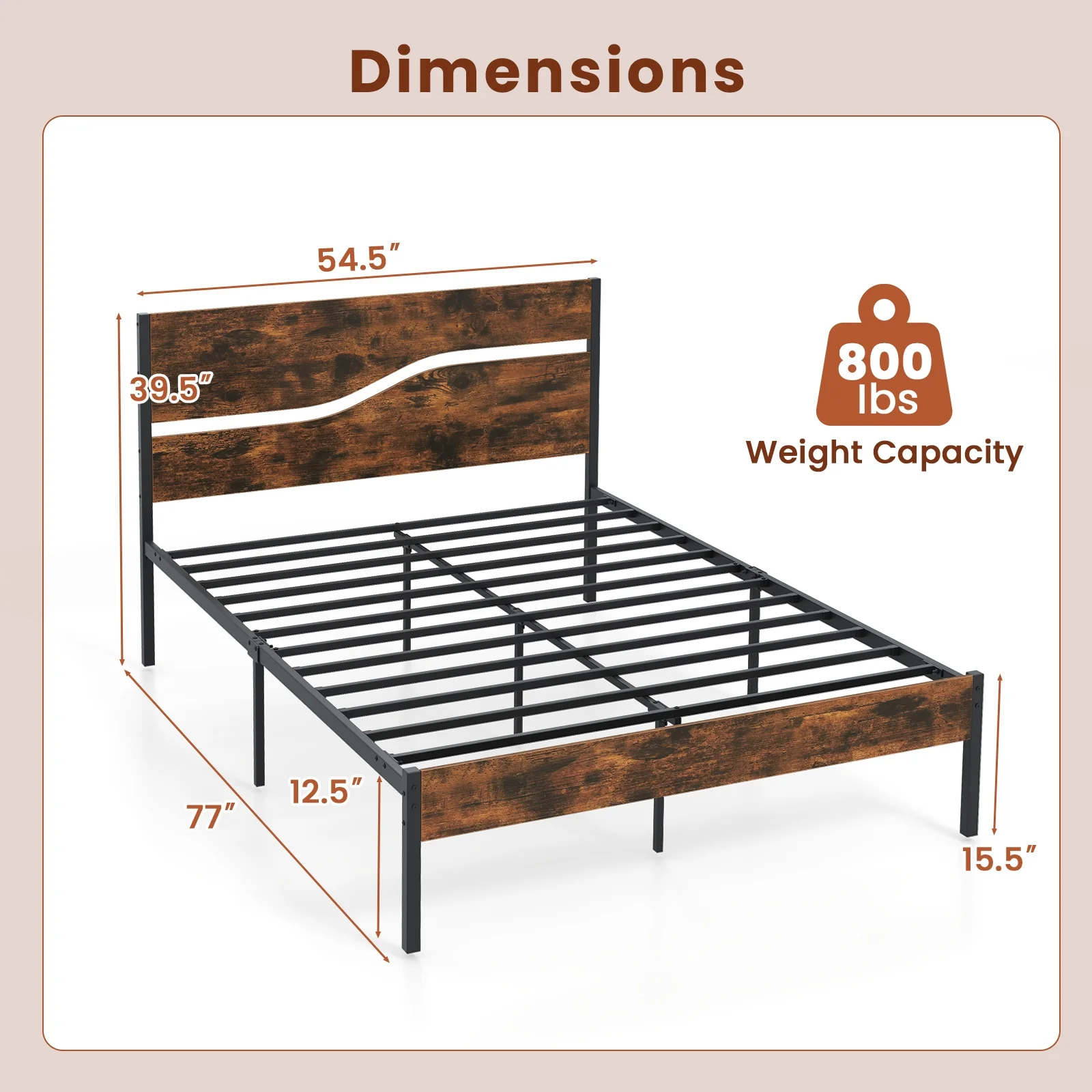 Metal Bed Frame With Wooden Headboard, Full Size, Rustic Brown - Image 6