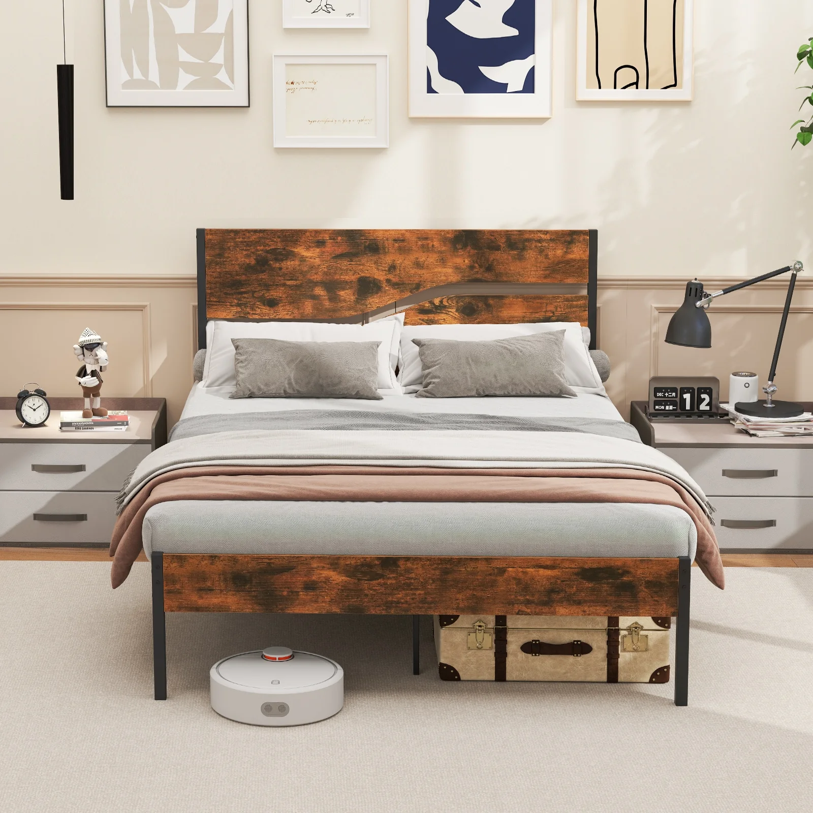 Metal Bed Frame With Wooden Headboard, Full Size, Rustic Brown - Image 7