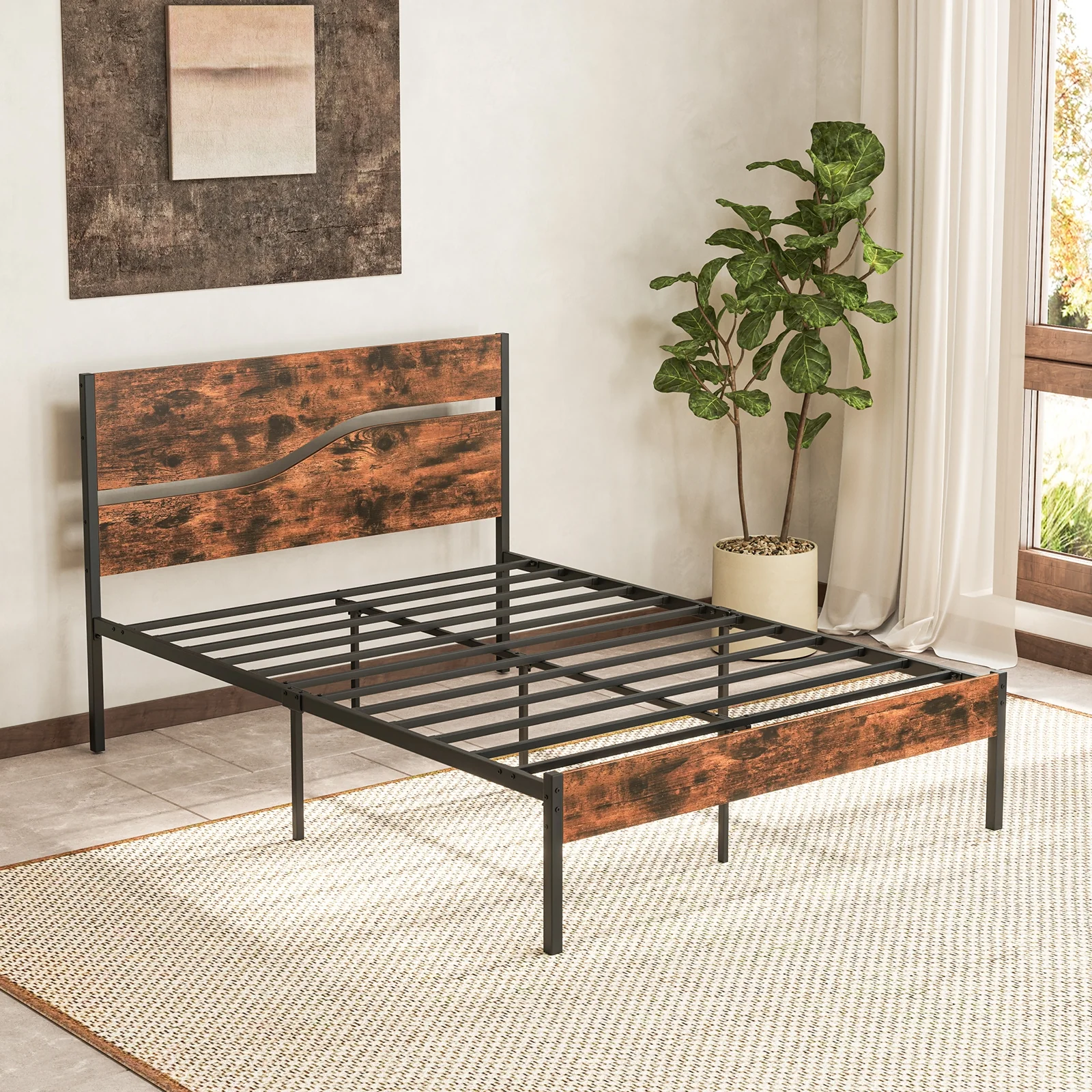 Metal Bed Frame With Wooden Headboard, Full Size, Rustic Brown - Image 8