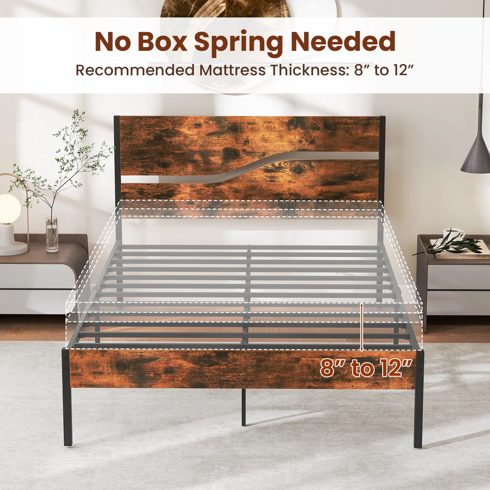 Metal Bed Frame With Wooden Headboard, Full Size, Rustic Brown - Image 9