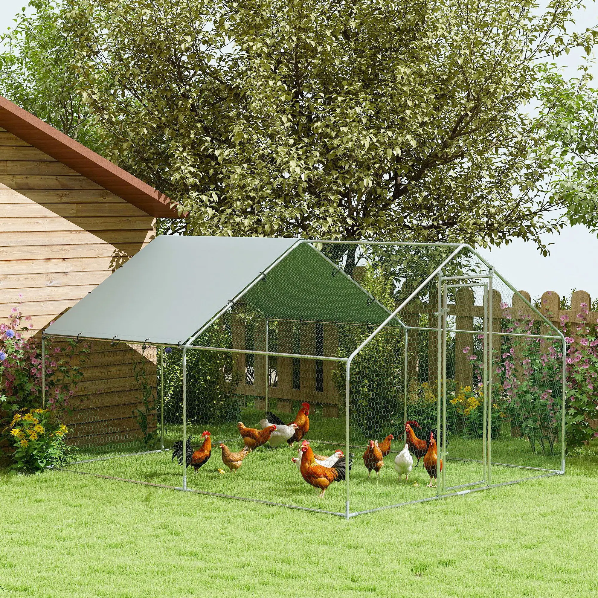 Metal Chicken Coop, 9.8 x 11.2 FT, Walk-In Run With Cover, Lockable Door, Outdoor Poultry Cage For 10-15 Chickens - Image 2