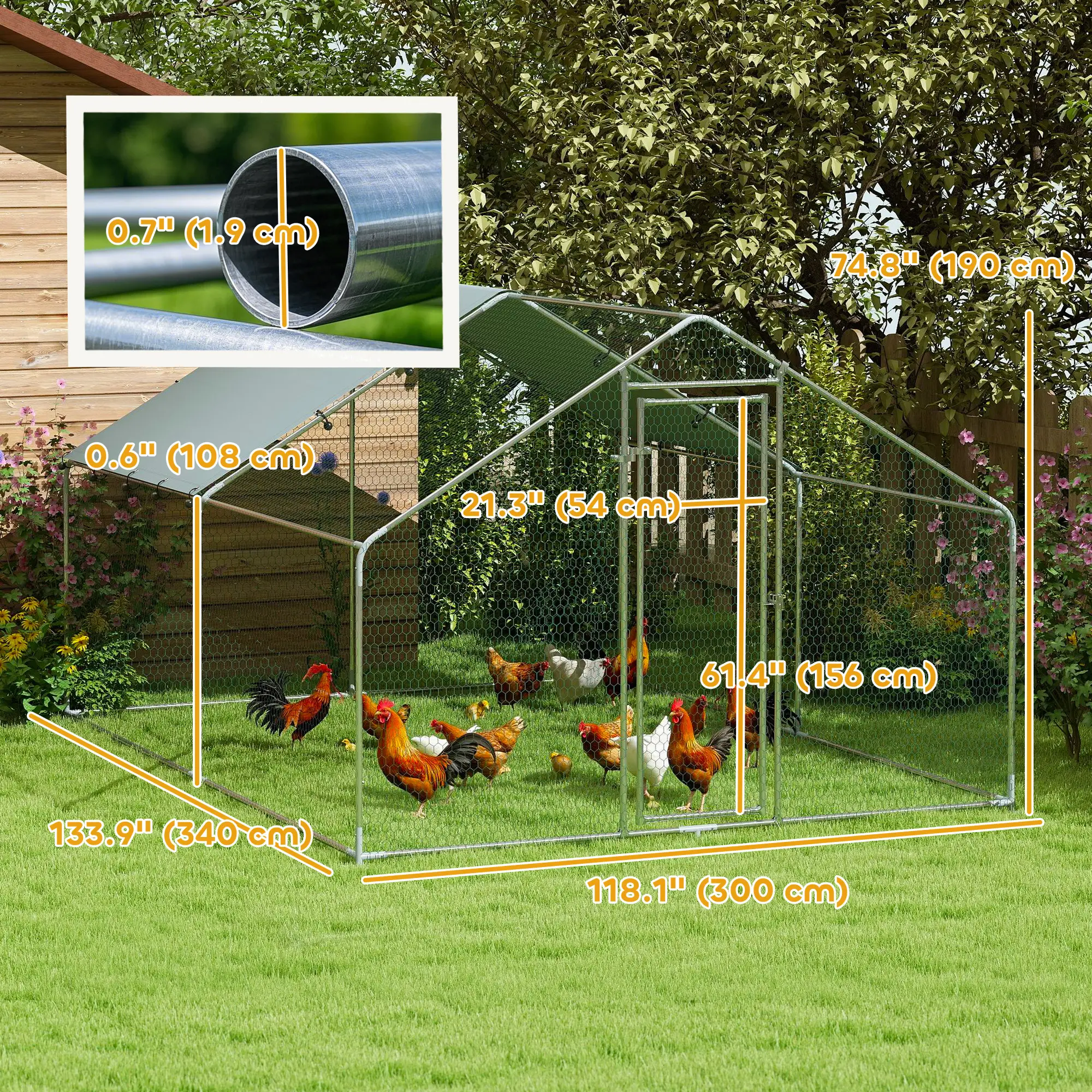 Metal Chicken Coop, 9.8 x 11.2 FT, Walk-In Run With Cover, Lockable Door, Outdoor Poultry Cage For 10-15 Chickens - Image 3