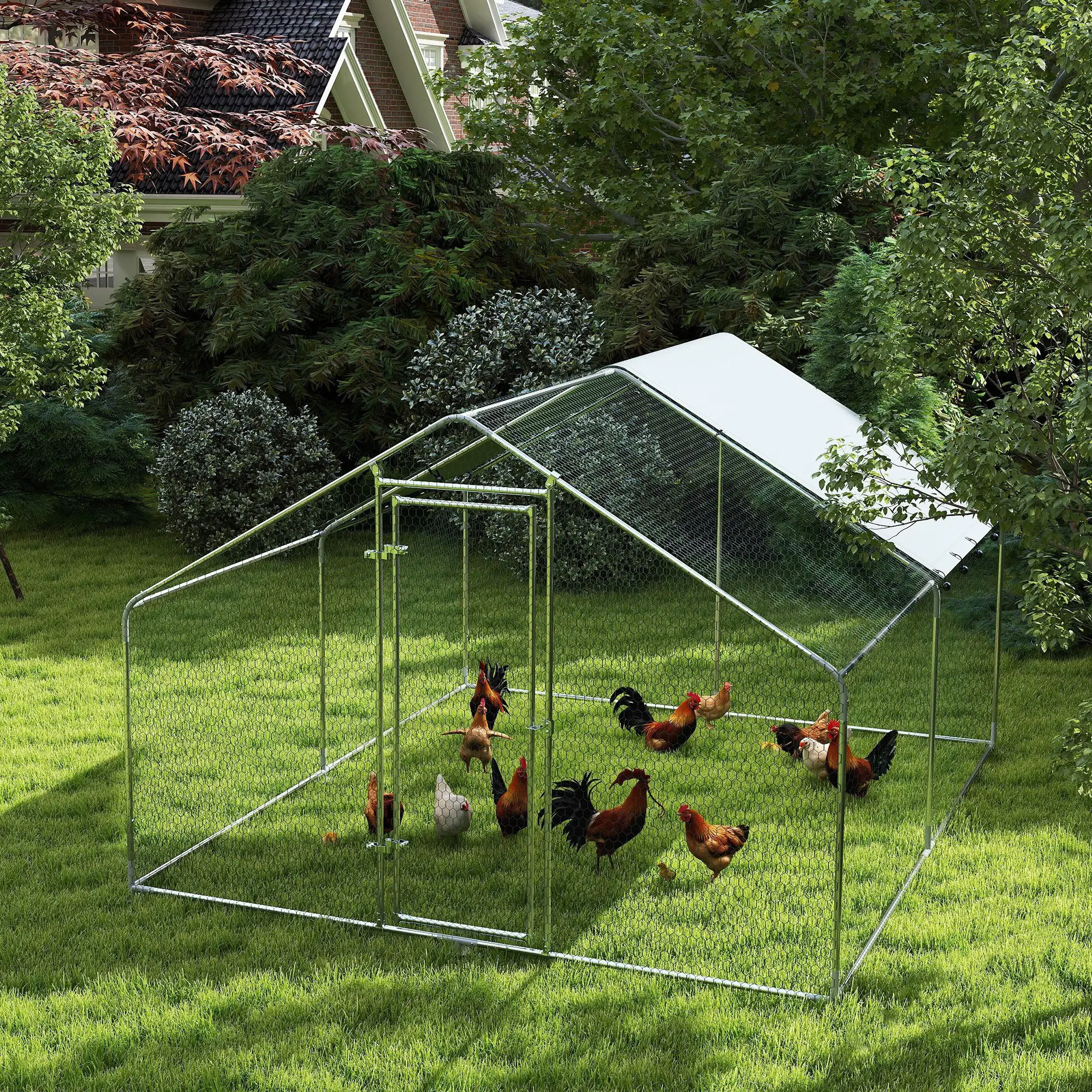 Metal Chicken Coop, 9.8 x 11.2 FT, Walk-In Run With Cover, Lockable Door, Outdoor Poultry Cage For 10-15 Chickens - Image 8