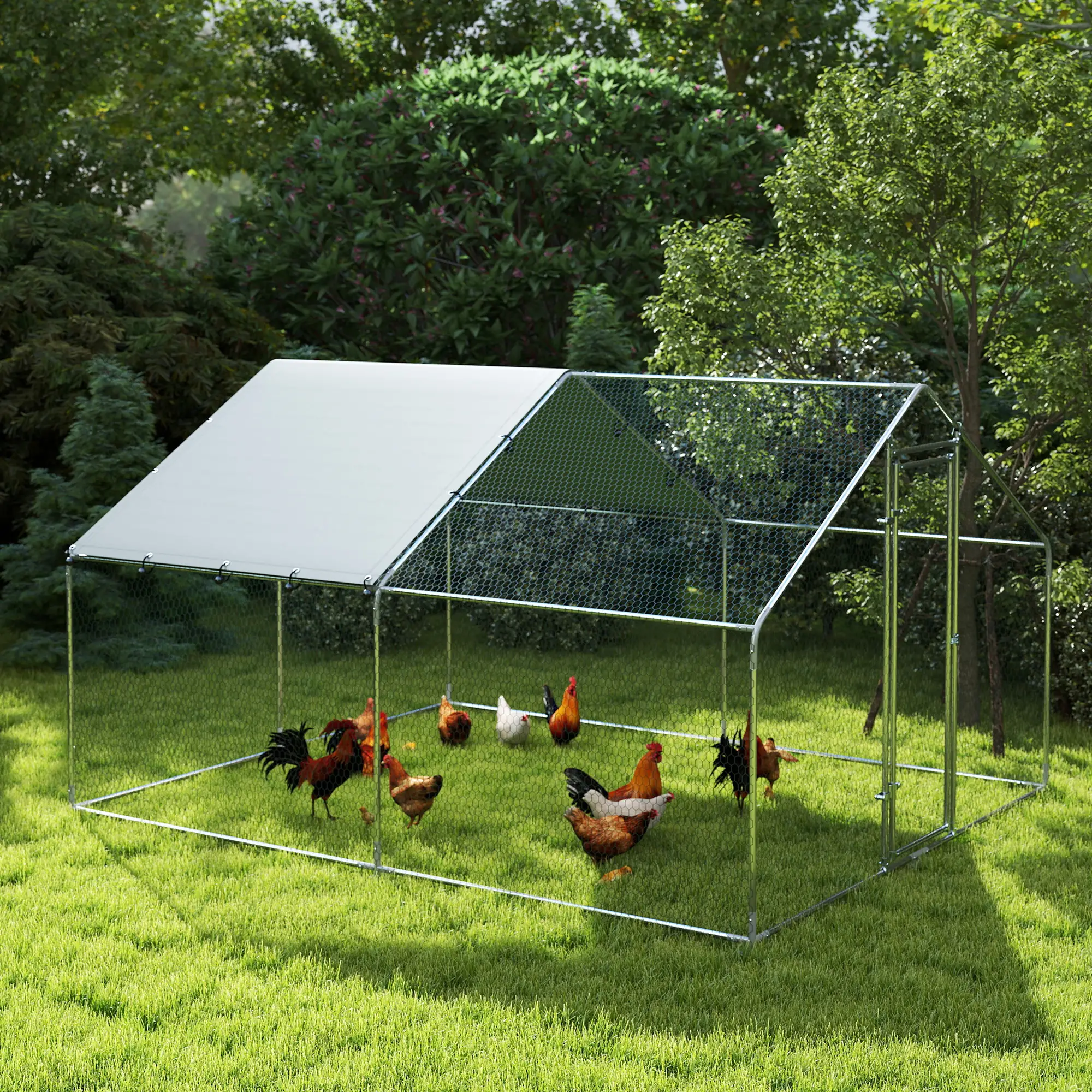 Metal Chicken Coop, 9.8 x 11.2 FT, Walk-In Run With Cover, Lockable Door, Outdoor Poultry Cage For 10-15 Chickens - Image 9
