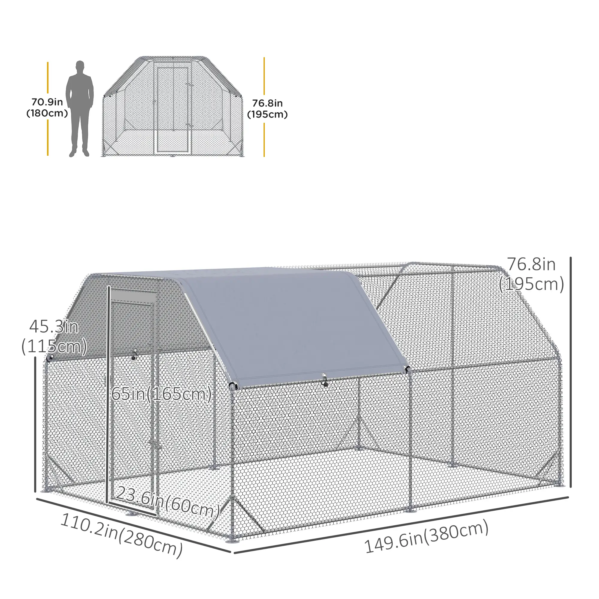 Galvanized Large Metal Chicken Coop Cage Walk-in Enclosure Poultry Hen Run House Playpen Rabbit Hutch with Cover for Outdoor Backyard 9.2' x 12.5' x 6.5' Silver - Image 3