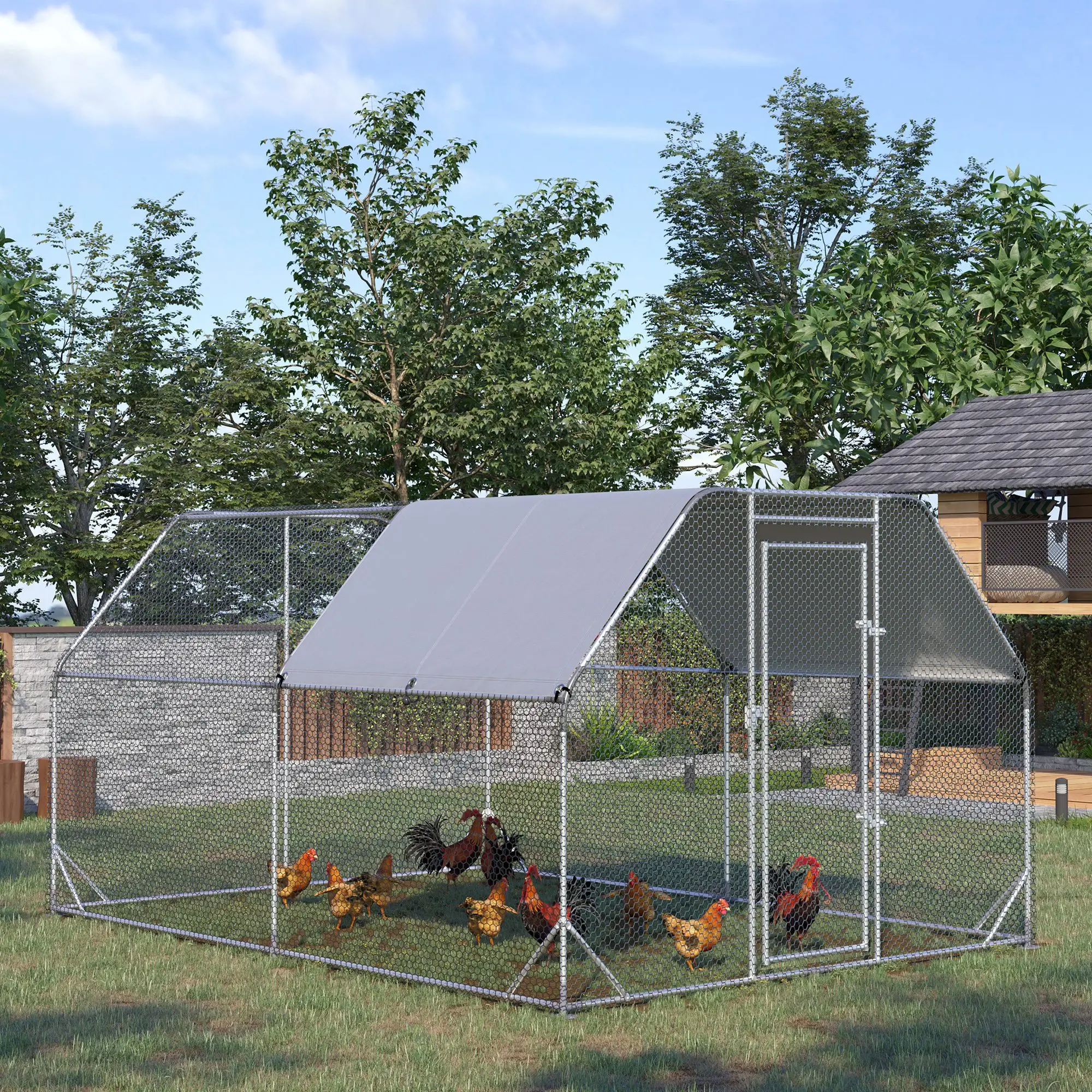 Galvanized Large Metal Chicken Coop Cage Walk-in Enclosure Poultry Hen Run House Playpen Rabbit Hutch with Cover for Outdoor Backyard 9.2' x 12.5' x 6.5' Silver - Image 8