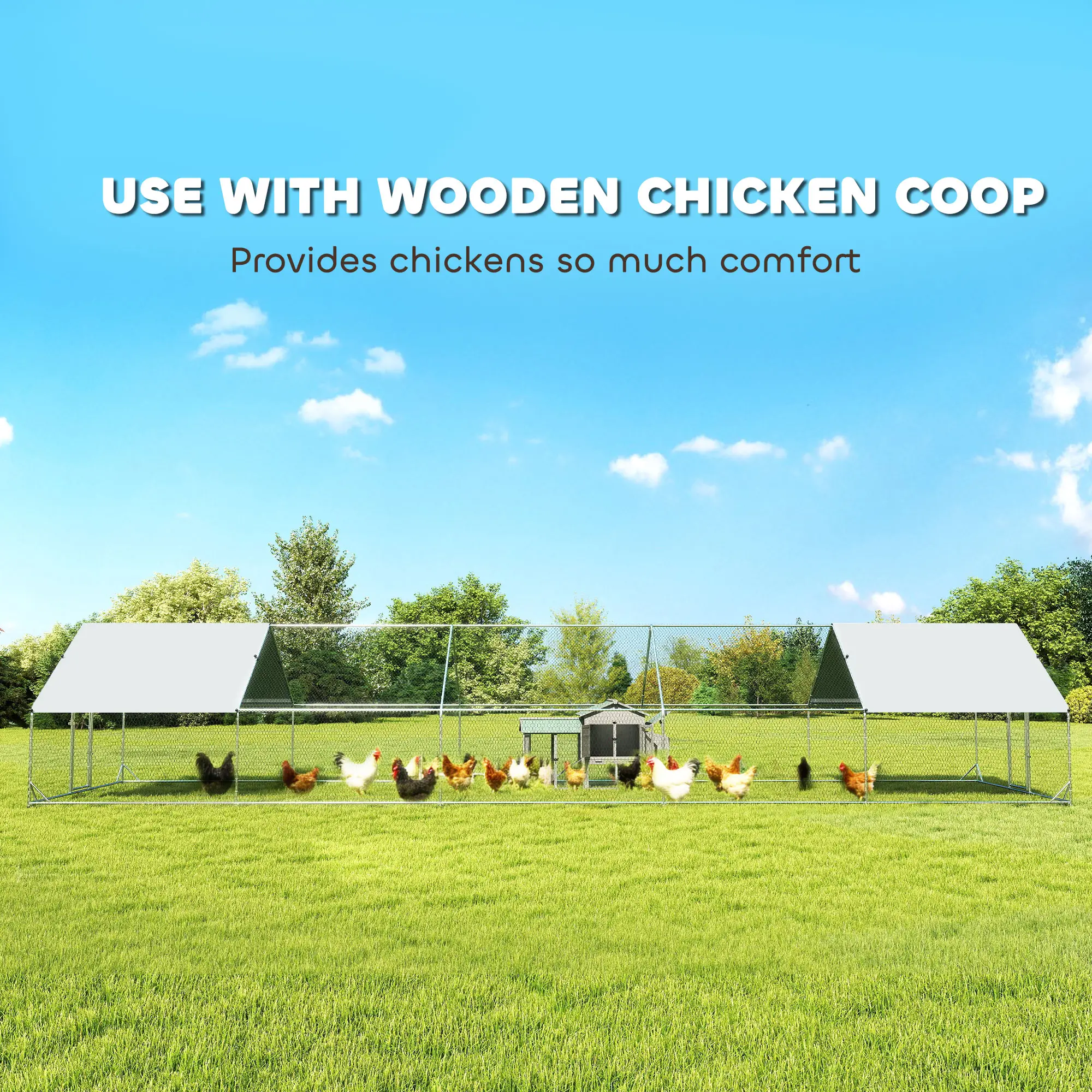 Metal Chicken Coop with Water- and UV-Protection Cover for Backyard Hen, Duck, Rabbit, 32.8' x 9.8' x 6.4' - Image 4