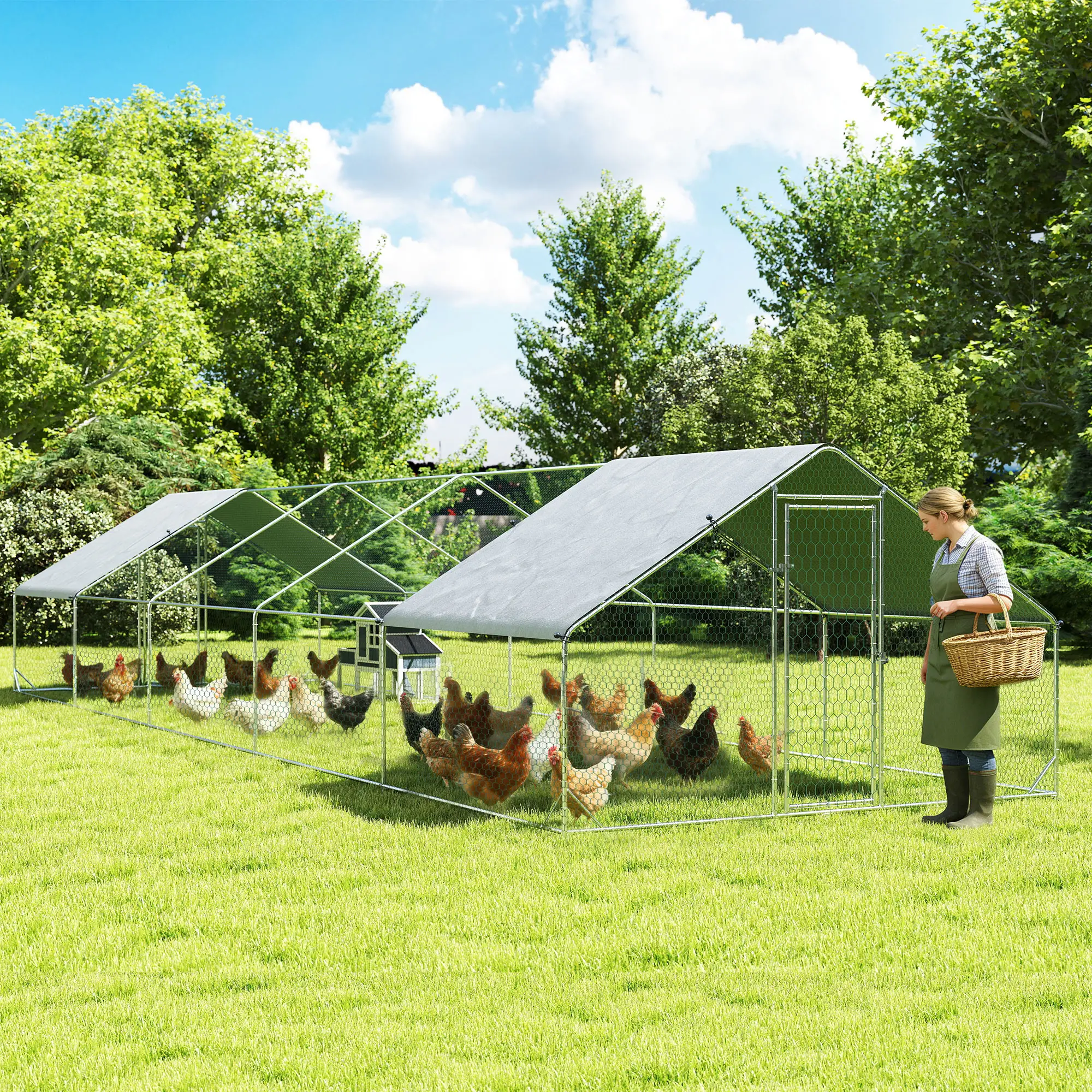 Metal Chicken Coop with Water- and UV-Protection Cover for Backyard Hen, Duck, Rabbit, 32.8' x 9.8' x 6.4' - Image 7