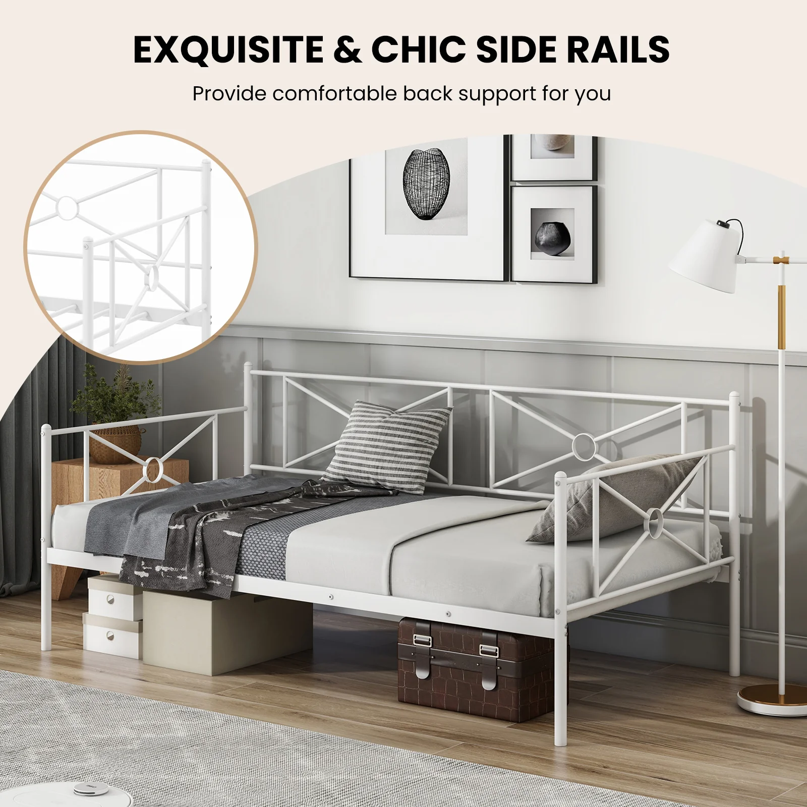 Metal Daybed Twin Bed Frame, Stable Steel Slats, White - Image 10