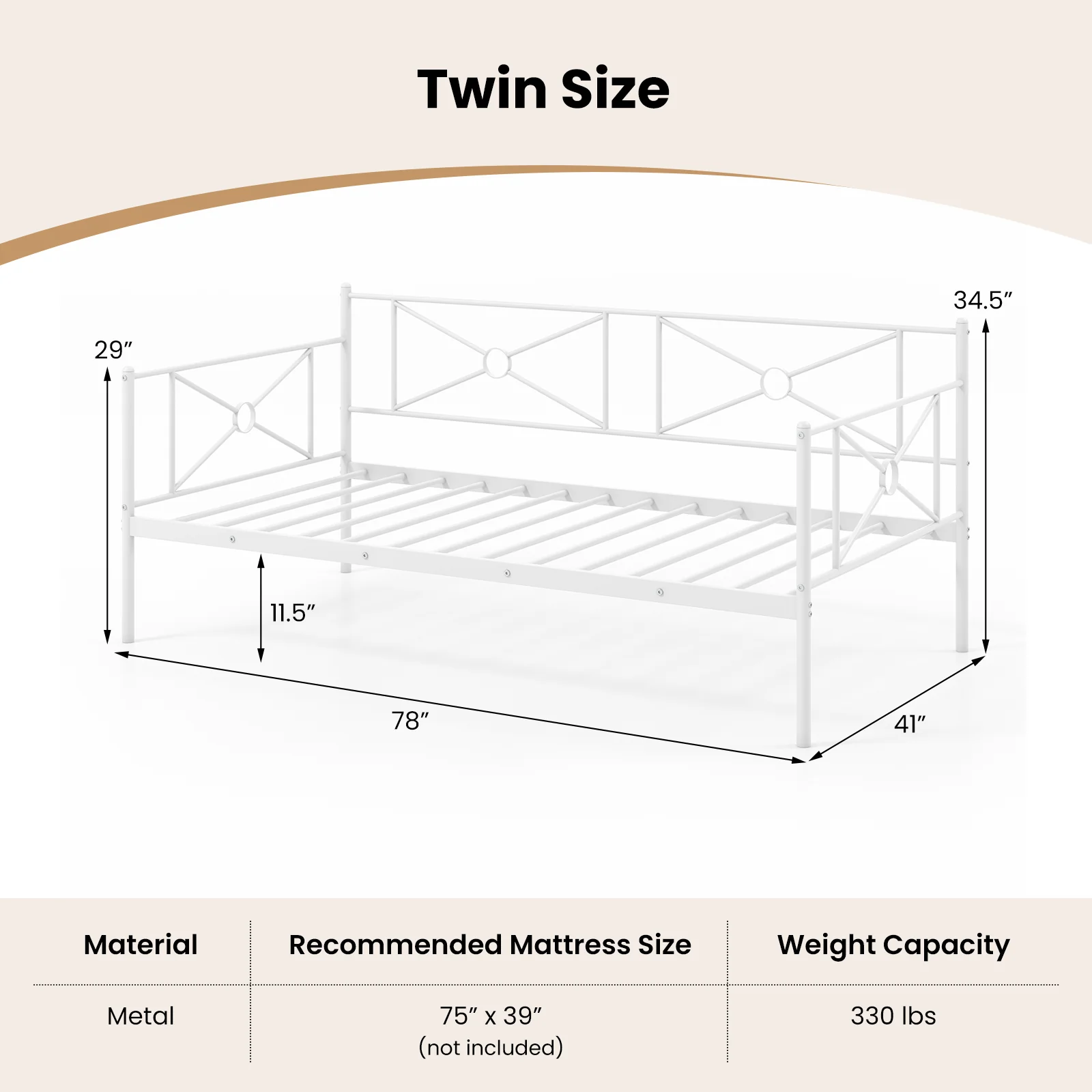 Metal Daybed Twin Bed Frame, Stable Steel Slats, White - Image 5