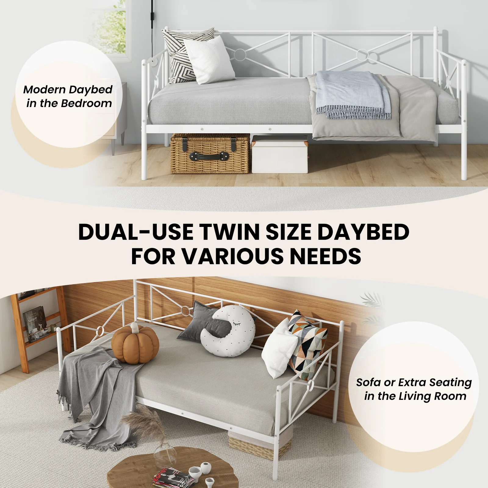 Metal Daybed Twin Bed Frame, Stable Steel Slats, White - Image 7