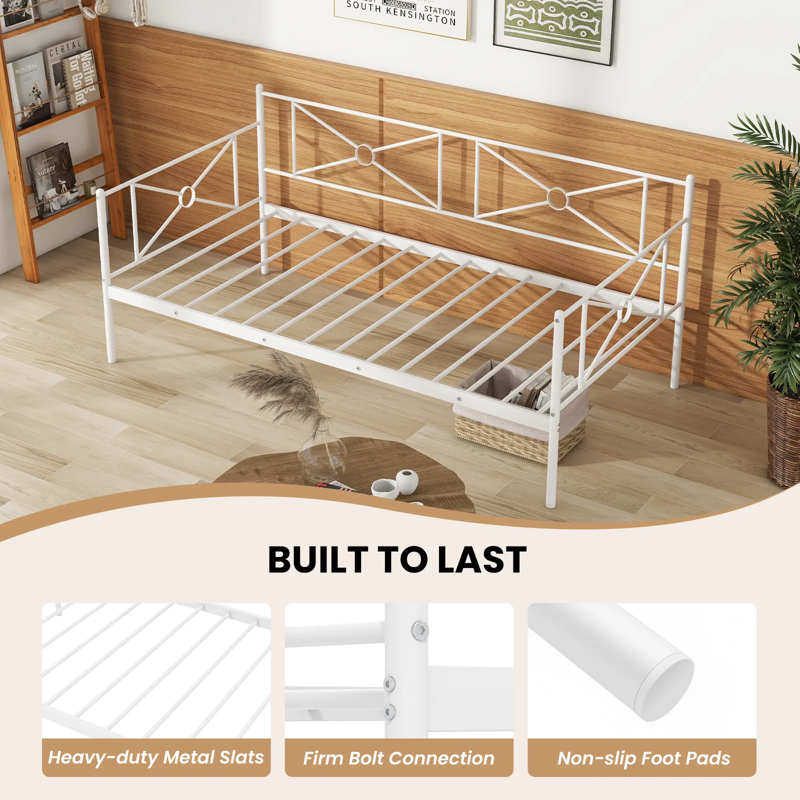 Metal Daybed Twin Bed Frame, Stable Steel Slats, White - Image 9