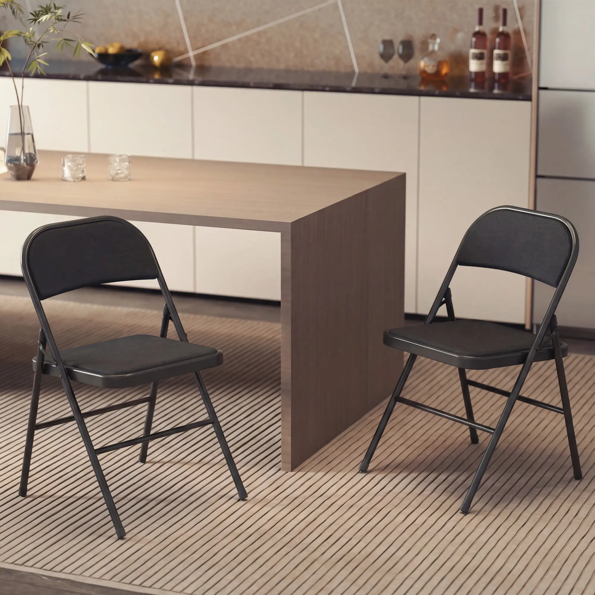 Metal Foldable Chairs, Set of 2, Linen Fabric Padded, Black - Image 10