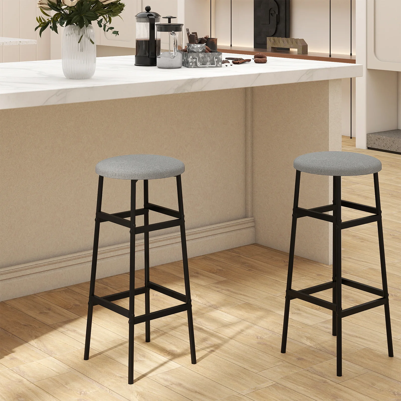 Metal Frame Bar Stools Set of 2, Gray, Black - Image 2