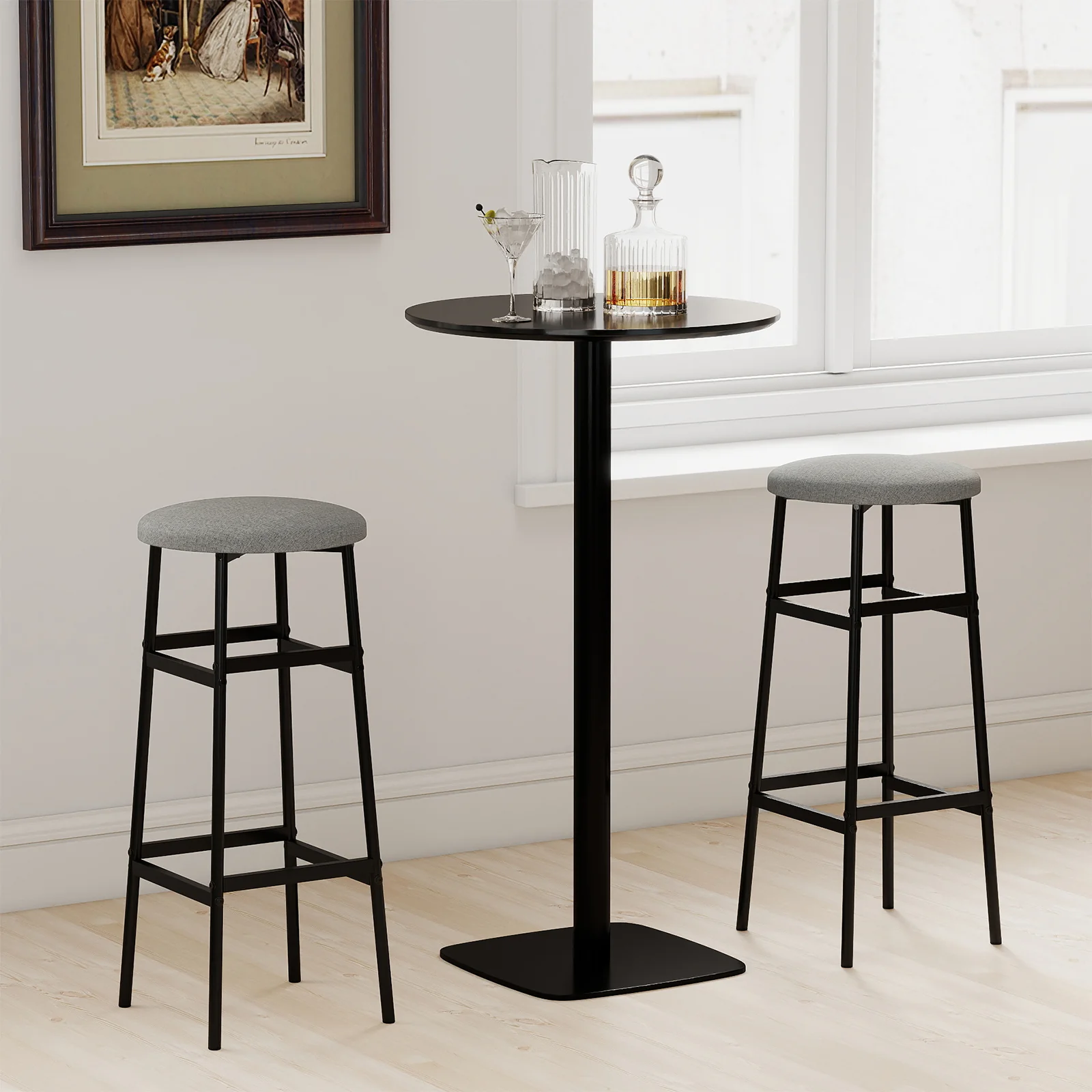 Metal Frame Bar Stools Set of 2, Gray, Black - Image 3