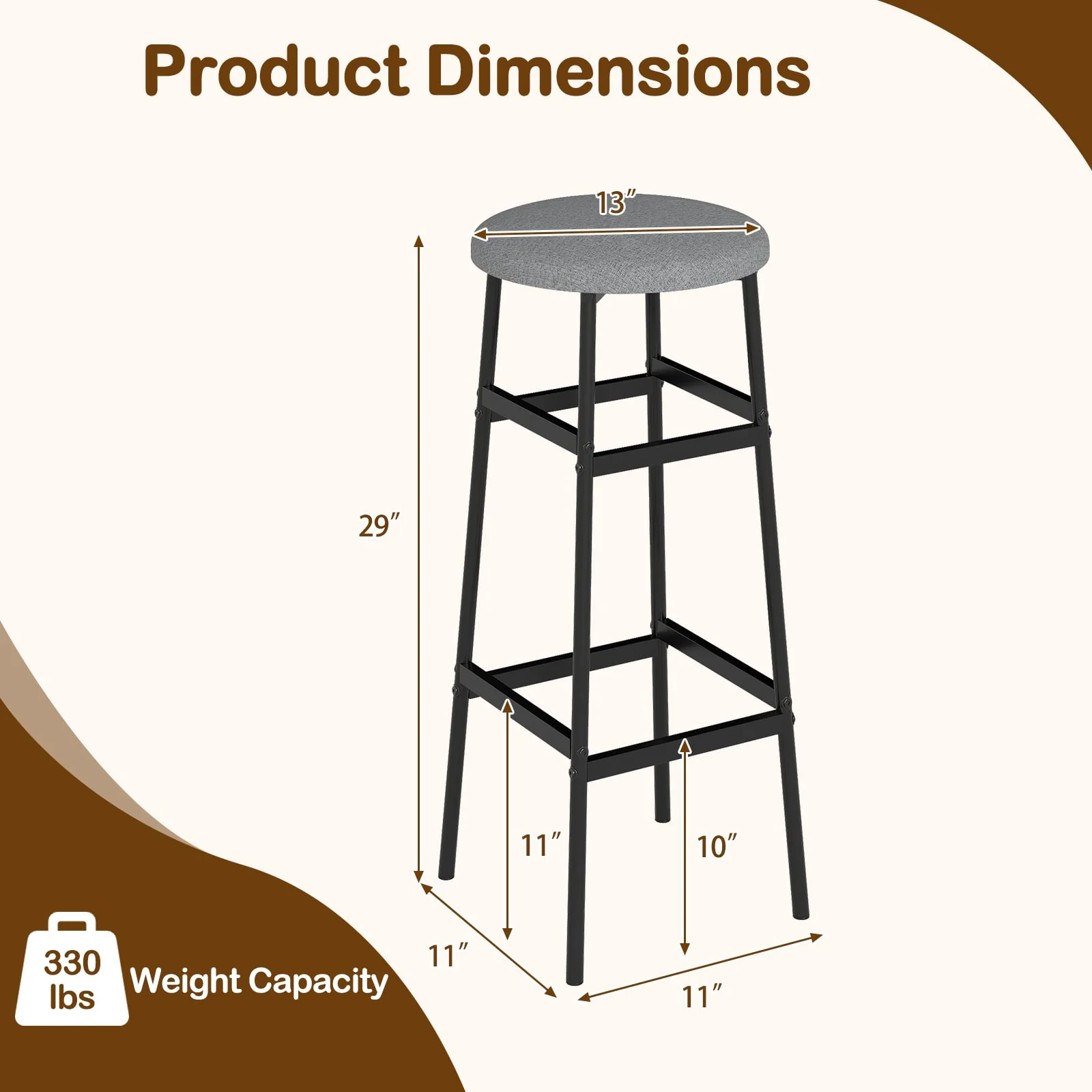 Metal Frame Bar Stools Set of 2, Gray, Black - Image 4