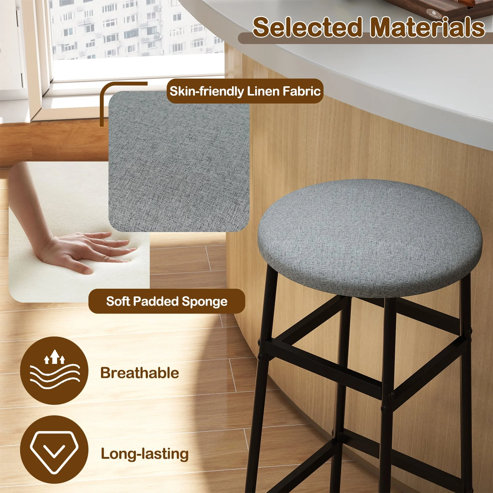 Metal Frame Bar Stools Set of 2, Gray, Black - Image 7