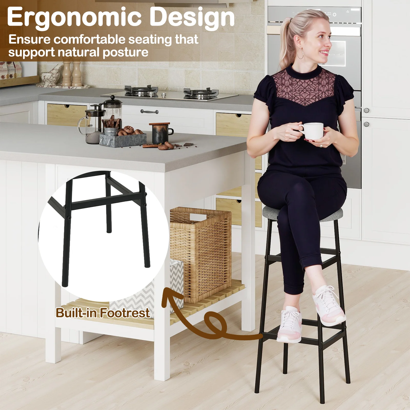 Metal Frame Bar Stools Set of 2, Gray, Black - Image 8