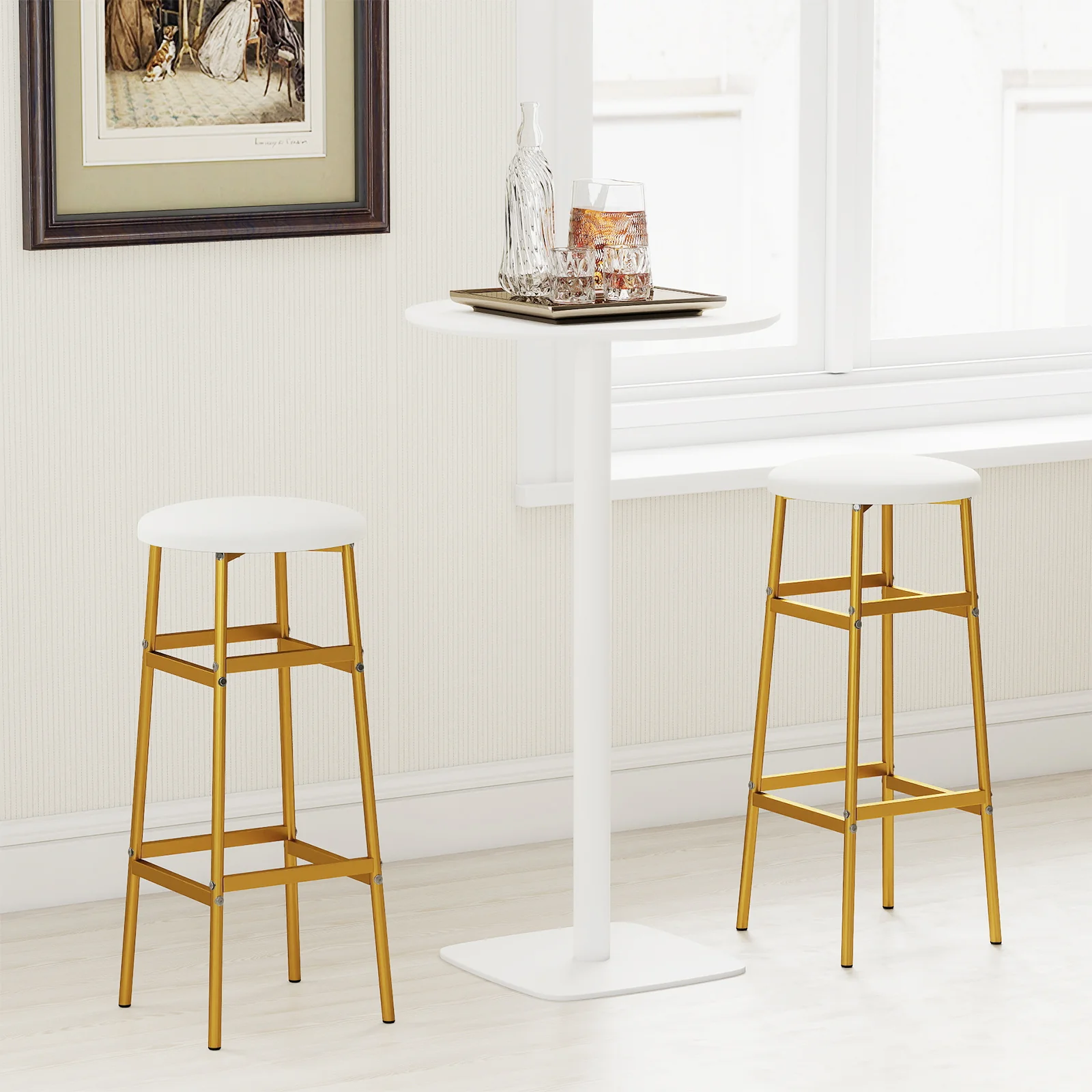 Metal Frame Bar Stools Set of 2, Golden, With Footrest, White - Image 3