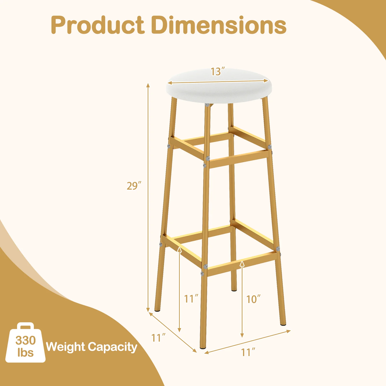 Metal Frame Bar Stools Set of 2, Golden, With Footrest, White - Image 4