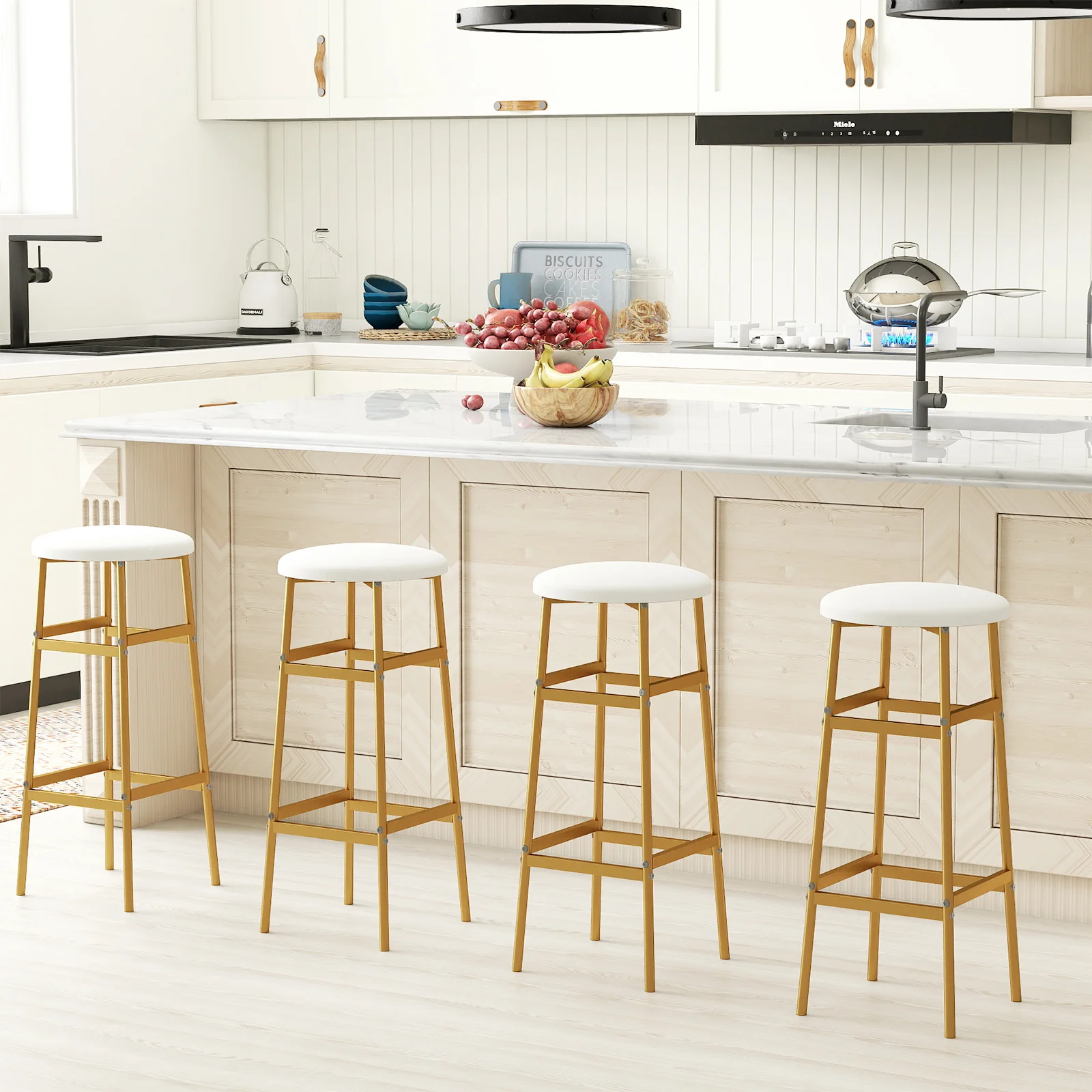 Metal Frame Bar Stools Set of 2, Golden, With Footrest, White - Image 5