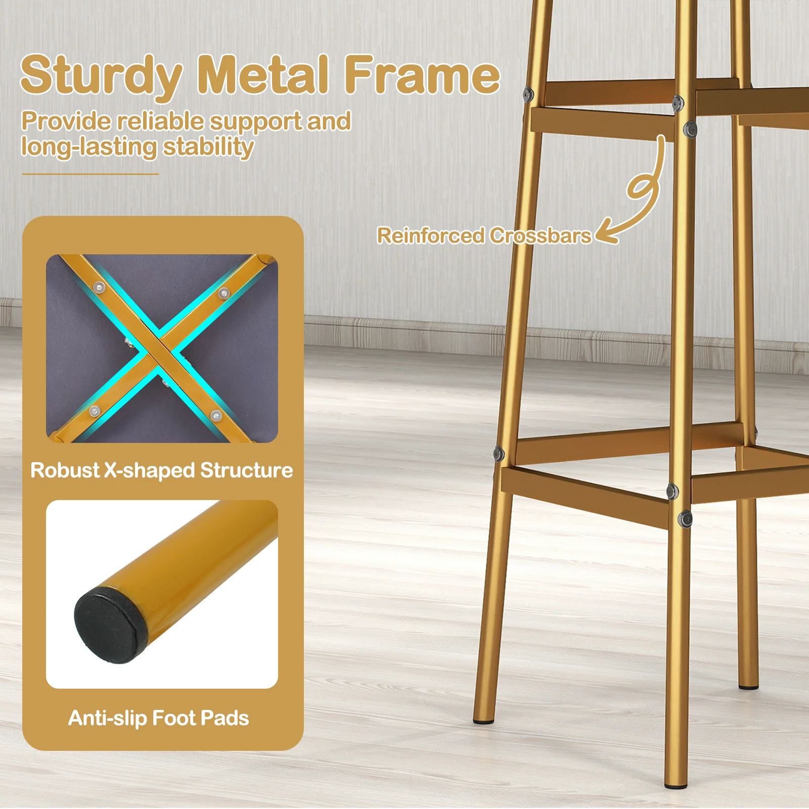 Metal Frame Bar Stools Set of 2, Golden, With Footrest, White - Image 6