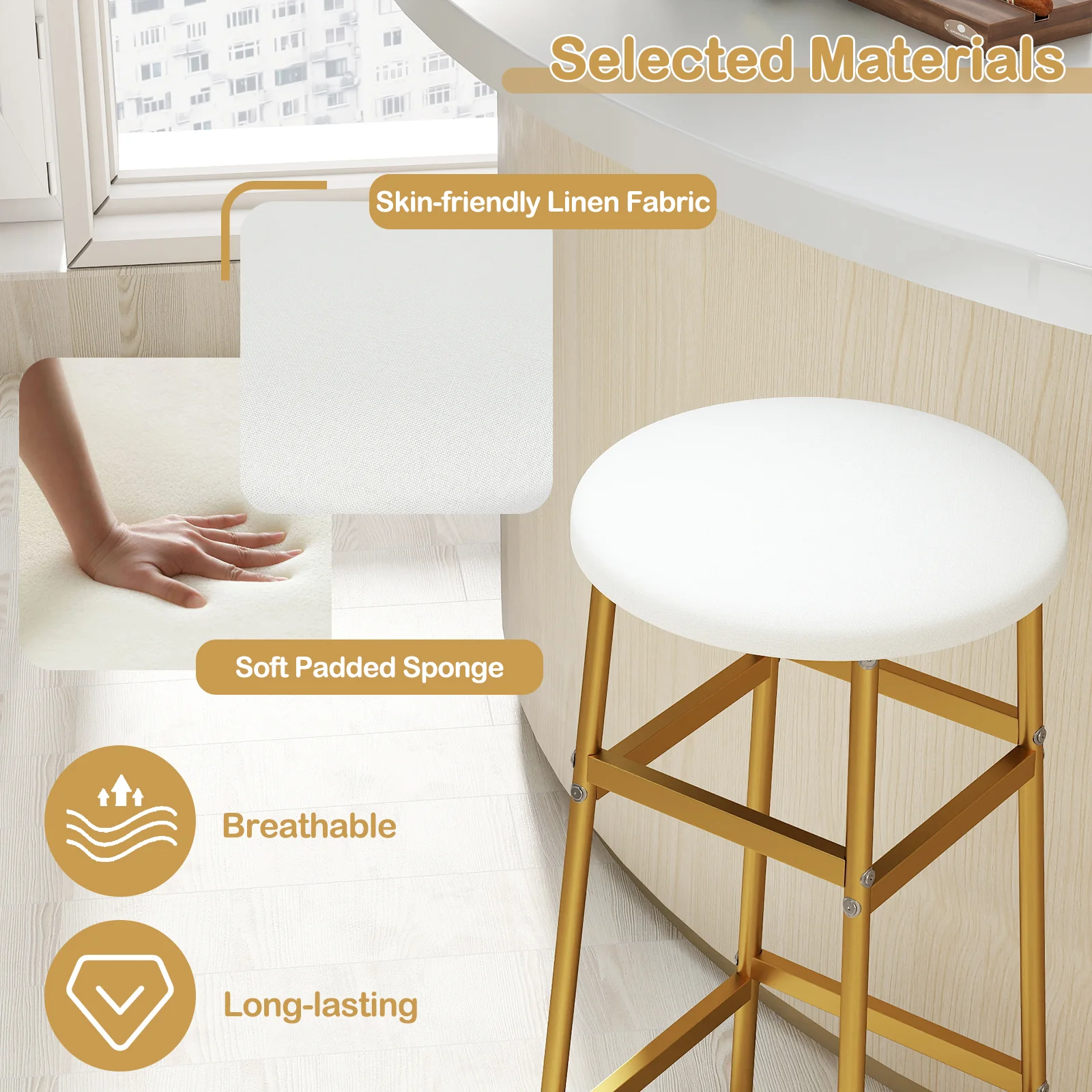 Metal Frame Bar Stools Set of 2, Golden, With Footrest, White - Image 7