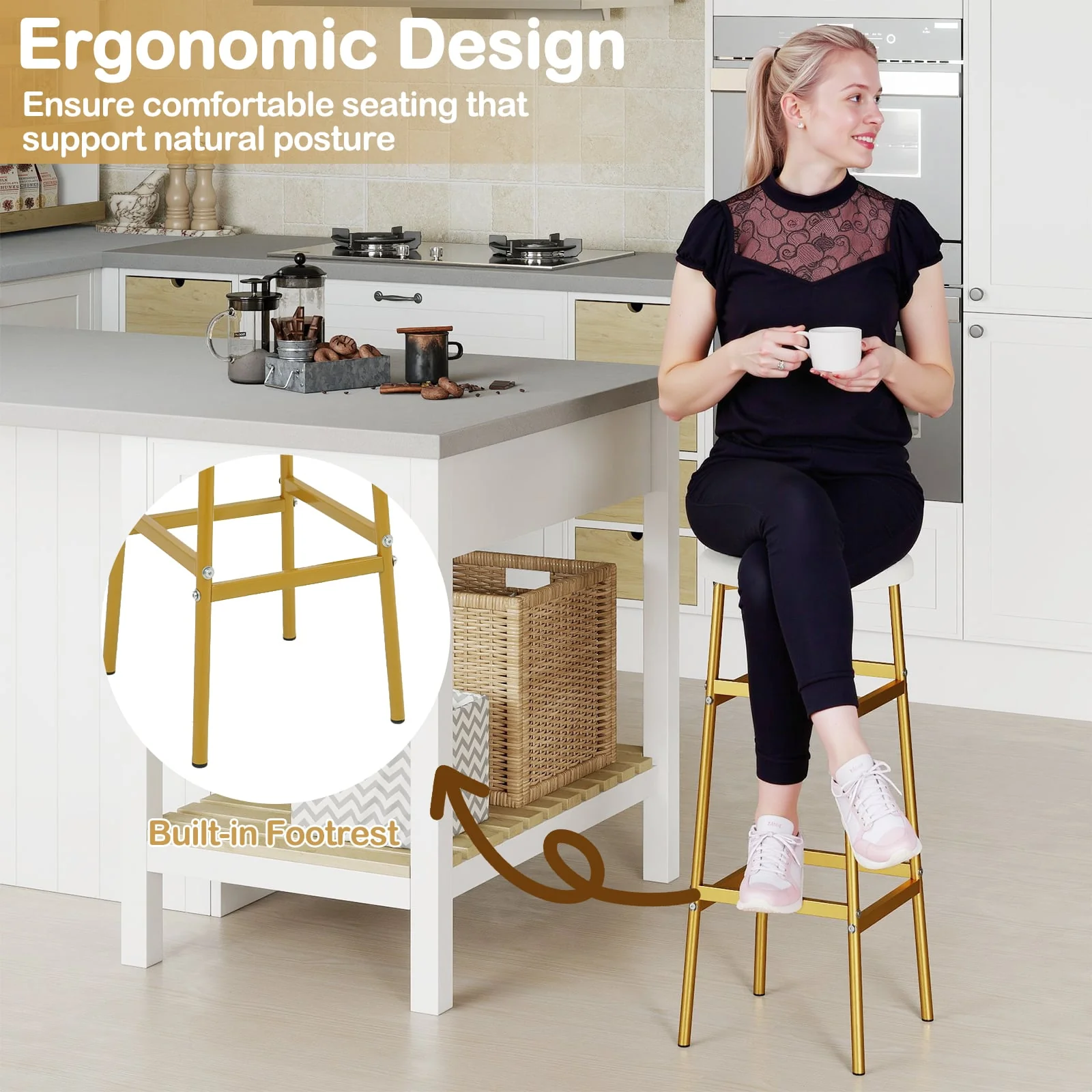 Metal Frame Bar Stools Set of 2, Golden, With Footrest, White - Image 8