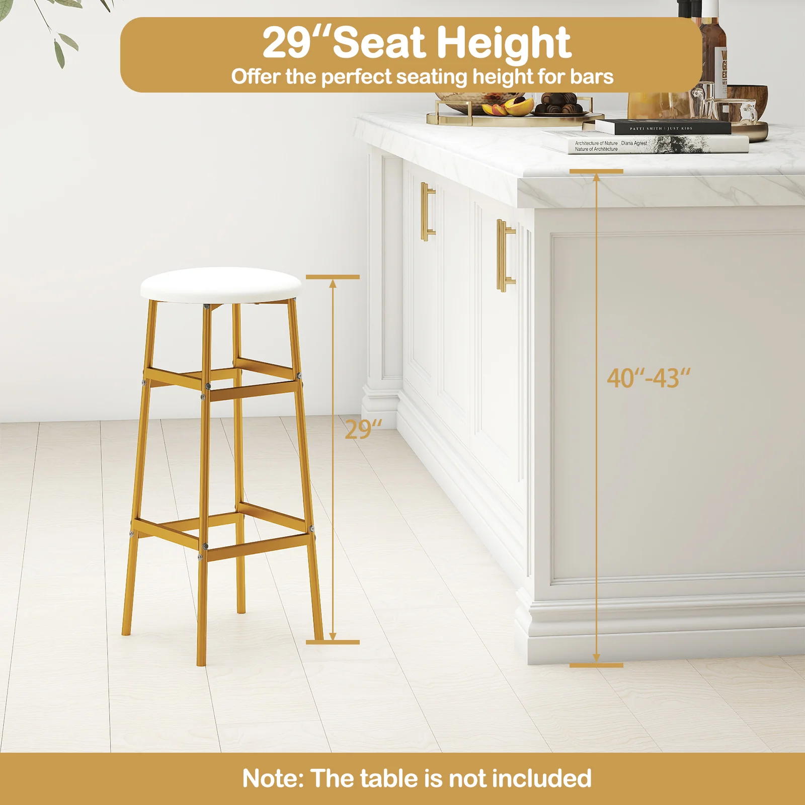 Metal Frame Bar Stools Set of 2, Golden, With Footrest, White - Image 9