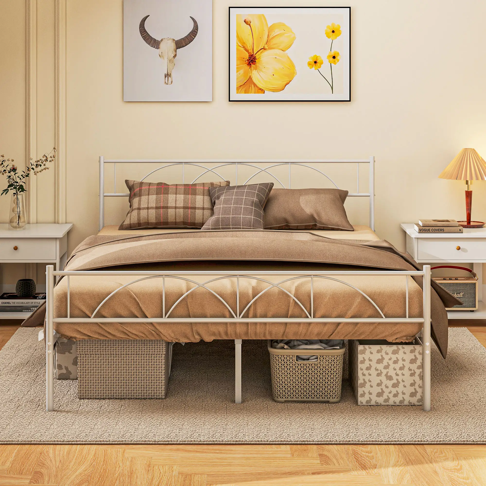 Metal Full Bed Frame with Headboard, Steel Slat Support, Underbed Storage - Image 2