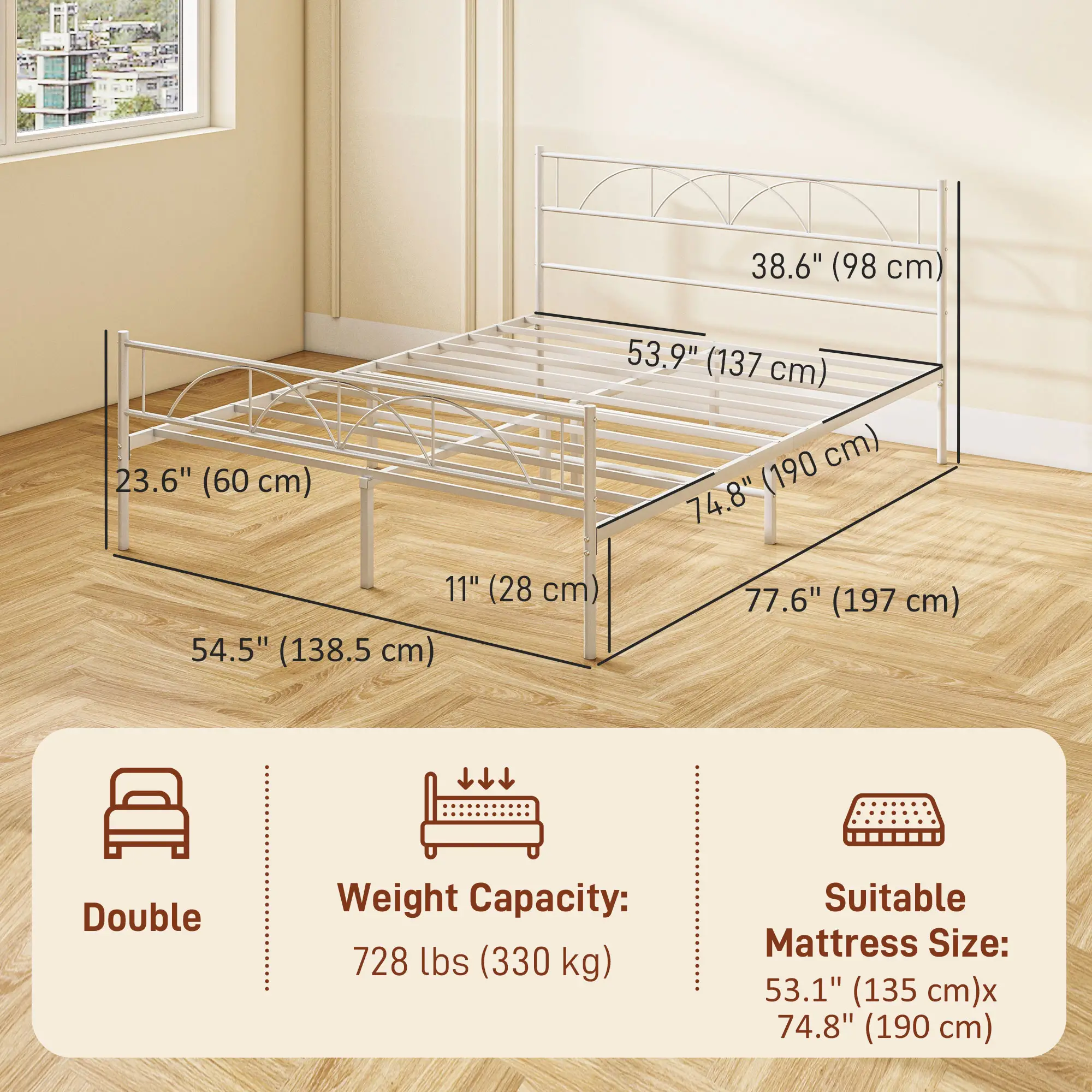 Metal Full Bed Frame with Headboard, Steel Slat Support, Underbed Storage - Image 3