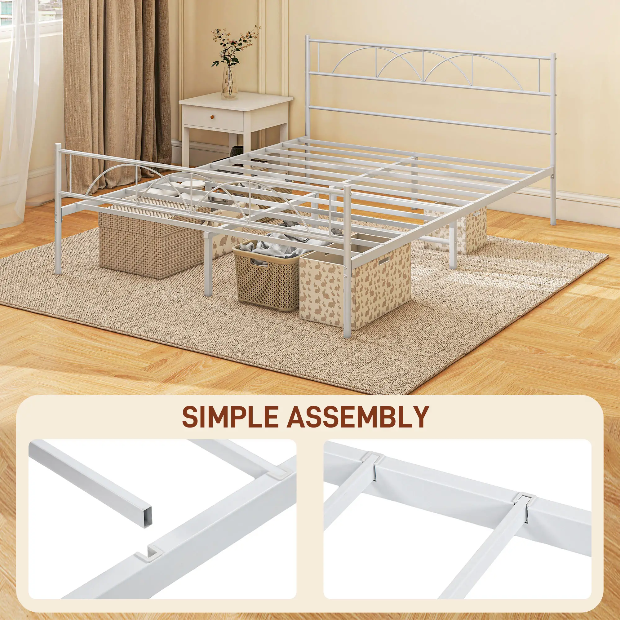 Metal Full Bed Frame with Headboard, Steel Slat Support, Underbed Storage - Image 6
