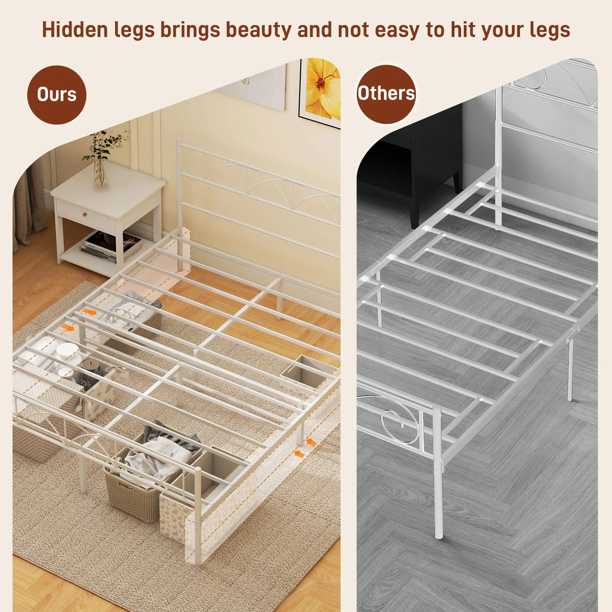 Metal Full Bed Frame with Headboard, Steel Slat Support, Underbed Storage - Image 7