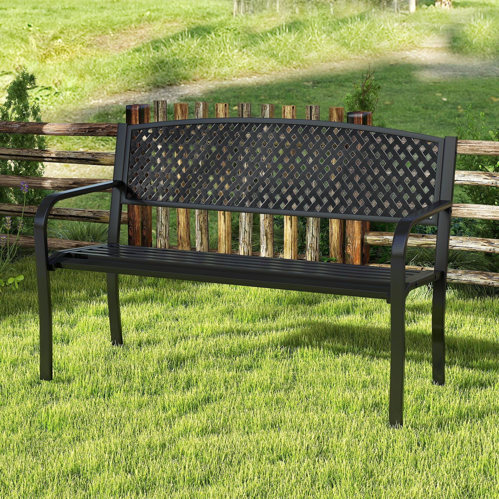Metal Outdoor Bench, High Back, 2-3 Person, Black - Image 3