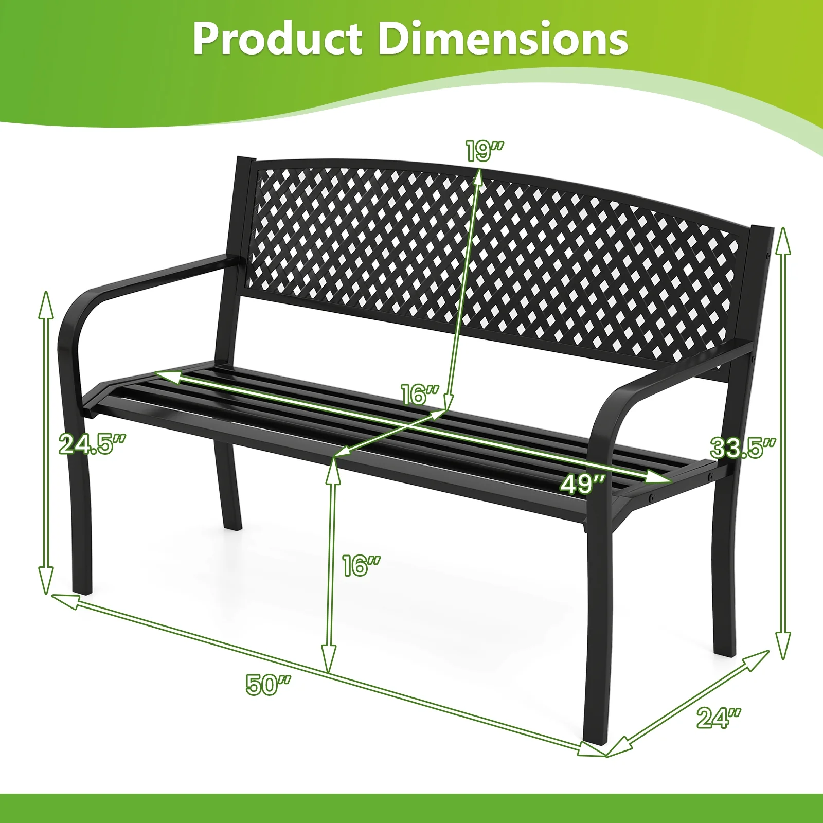 Metal Outdoor Bench, High Back, 2-3 Person, Black - Image 6