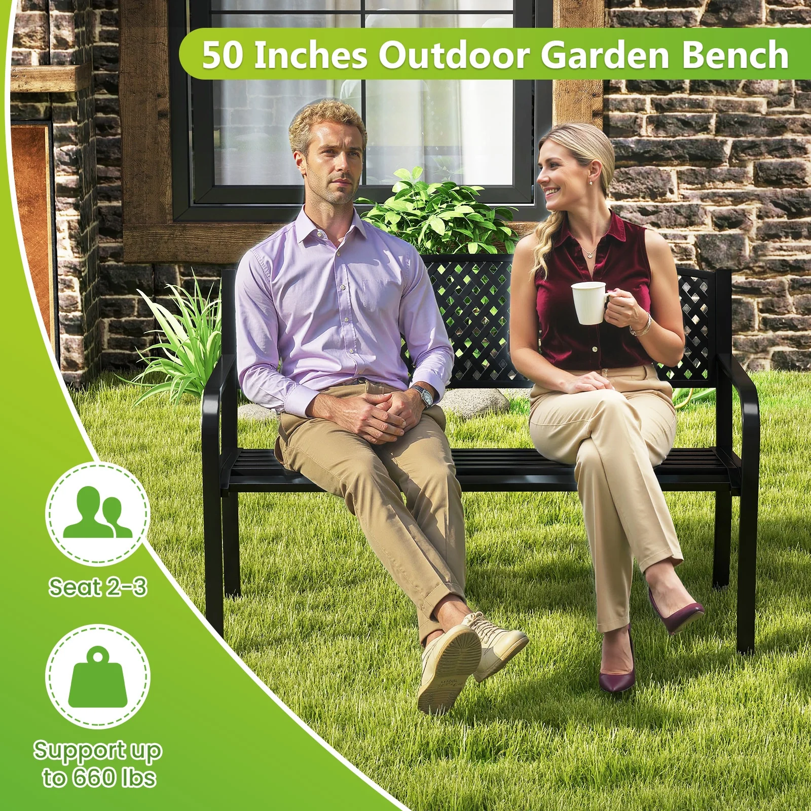 Metal Outdoor Bench, High Back, 2-3 Person, Black - Image 8