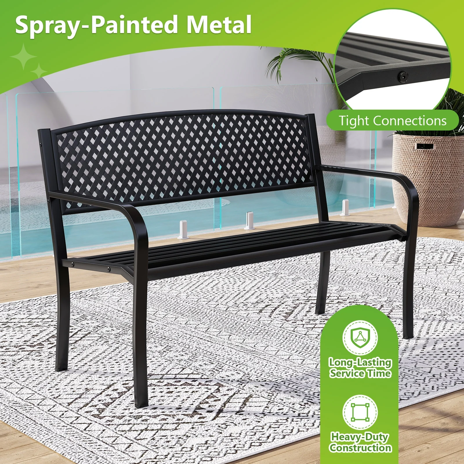 Metal Outdoor Bench, High Back, 2-3 Person, Black - Image 9
